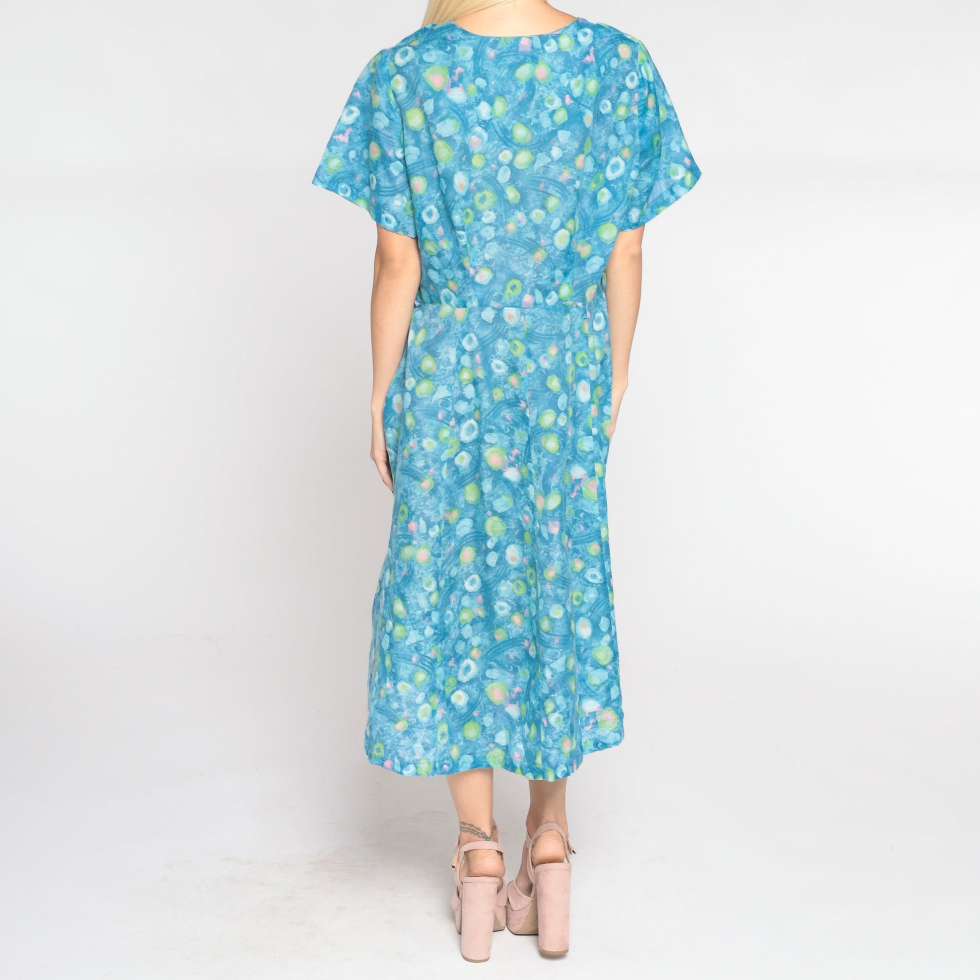 1960s Blue Abstract Dot Midi Dress Short Sleeve High Waist Large L