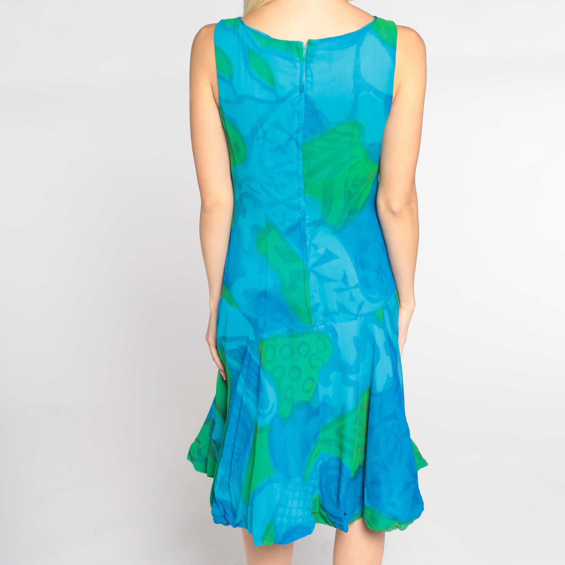 60s Mod Mini Dress Blue Abstract Print Sleeveless Drop Waist Small S