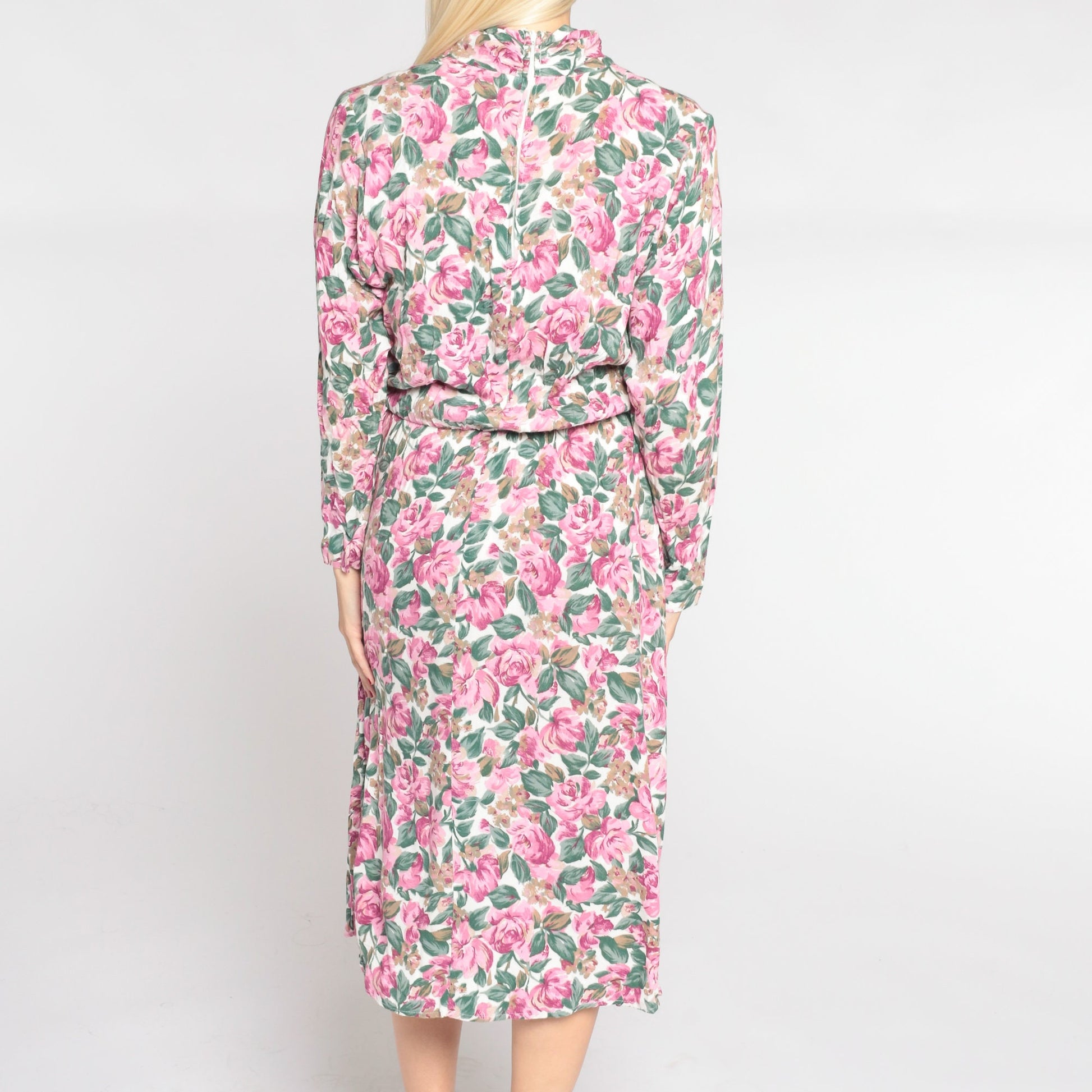 90s Floral Midi Dress White Mock Neck Long Sleeve High Waist Medium 8