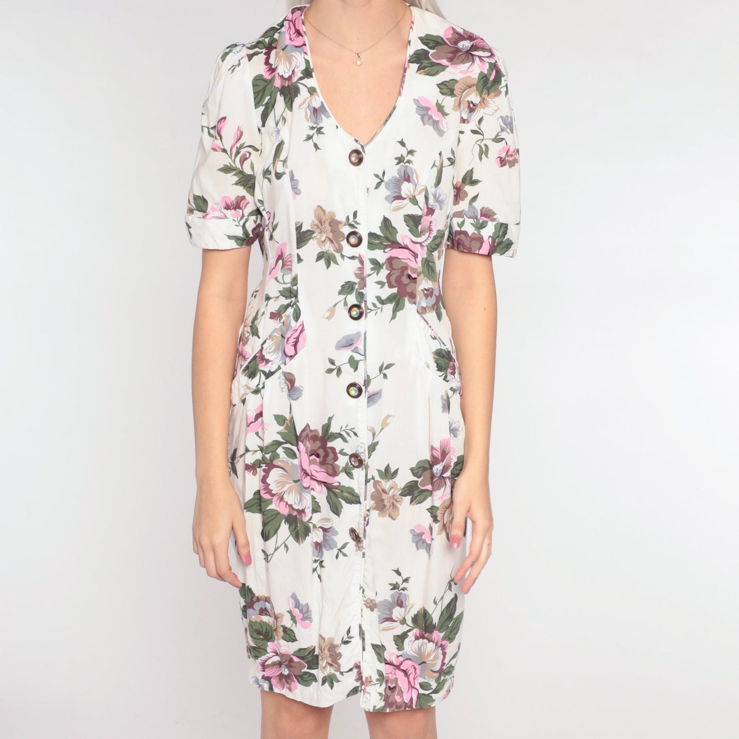 90s White Floral Mini Dress Button-Up Sheath Puff Sleeve Small S