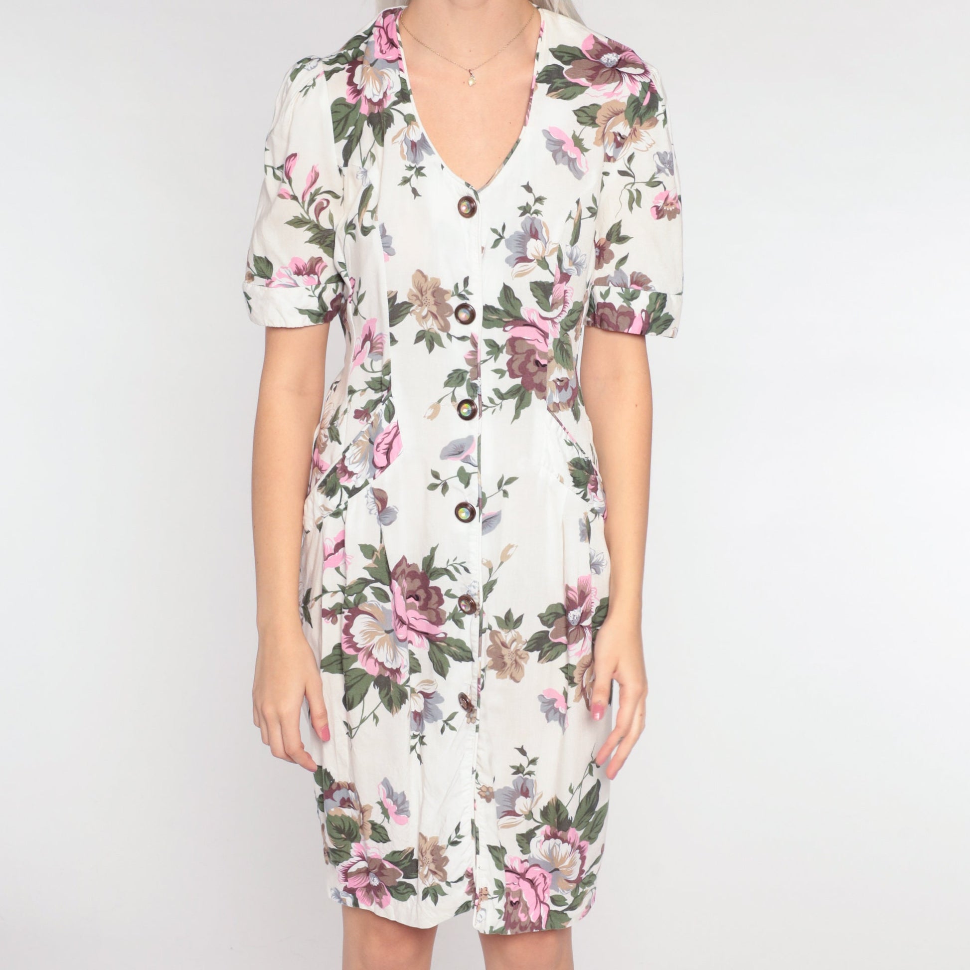 90s White Floral Mini Dress Button-Up Sheath Puff Sleeve Small S