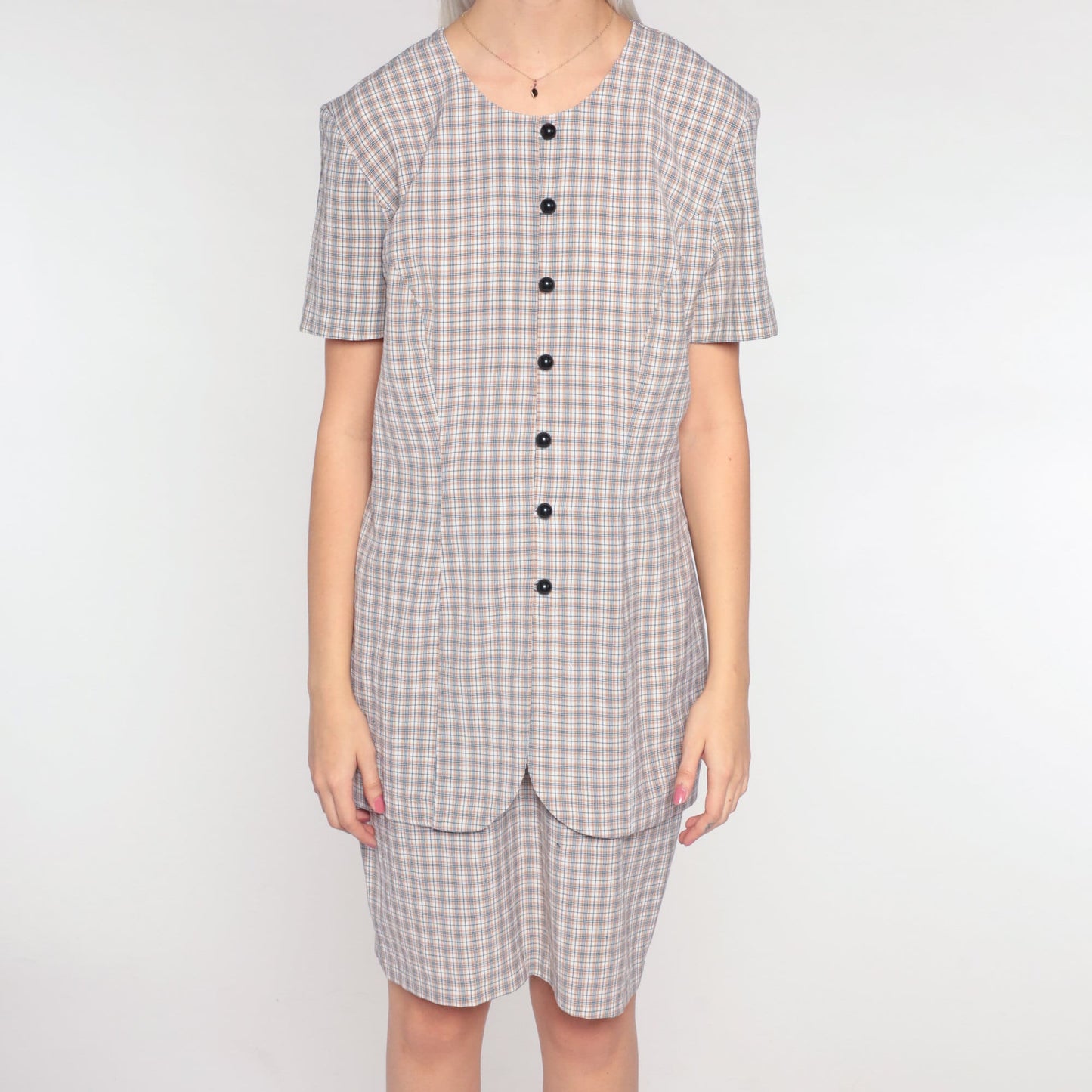 90s Plaid Mini Dress White Tan Checkered Button-Up Shift Short Sleeve Large