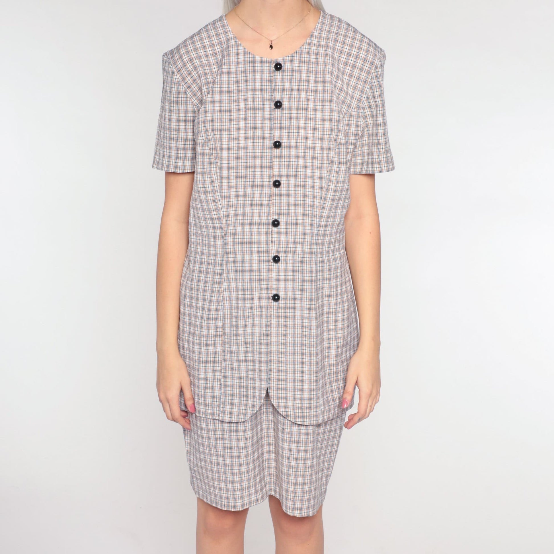 90s Plaid Mini Dress White Tan Checkered Button-Up Shift Short Sleeve Large