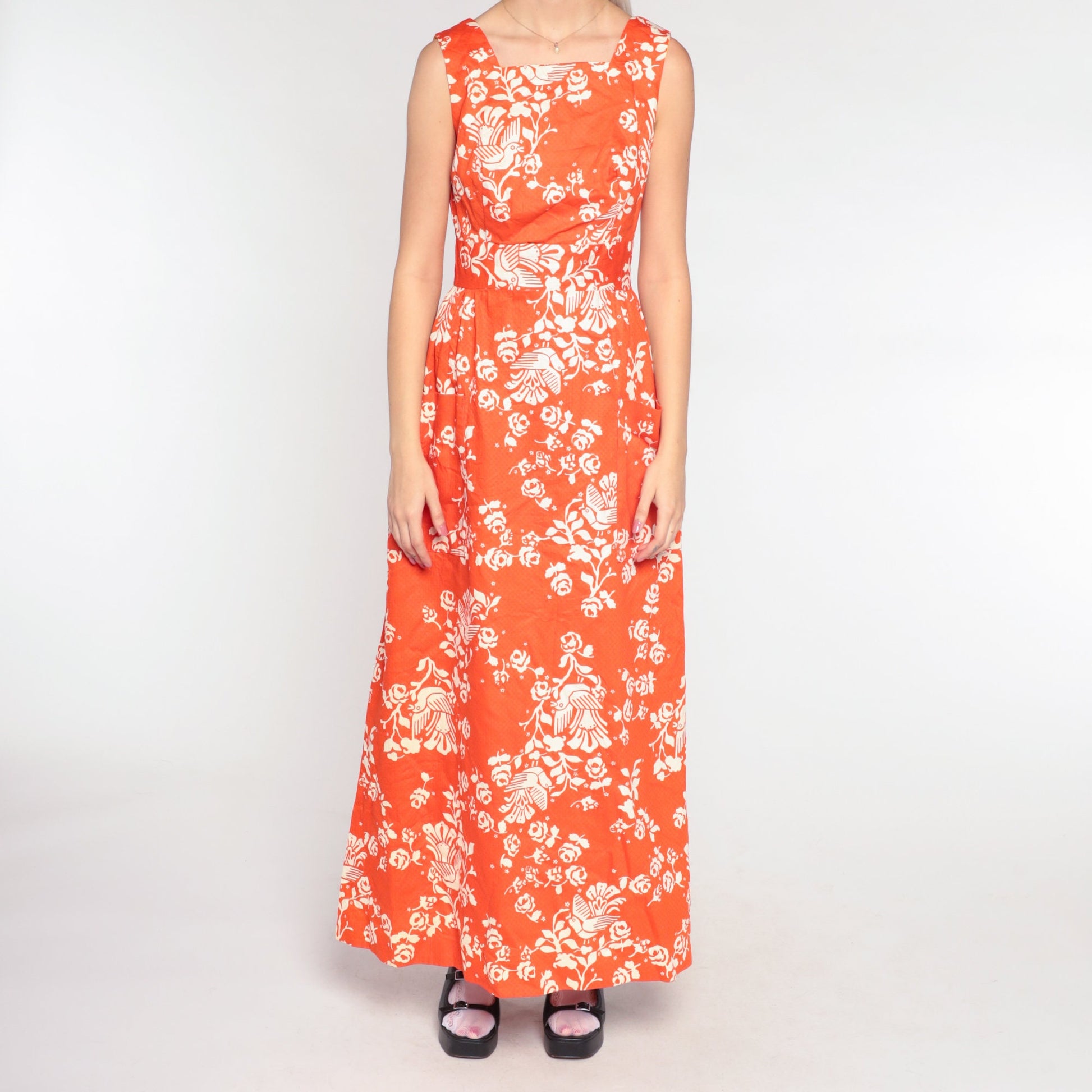 70s Orange Bird Floral Maxi Dress High Waist Cotton Vintage Extra Small