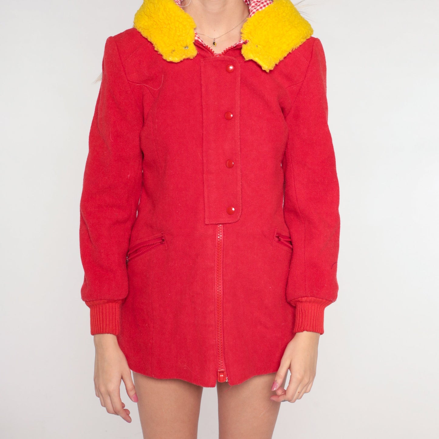 70s 80s Red Wool Blend Hooded Winter Coat Yellow Sherpa Trim Extra Small XS