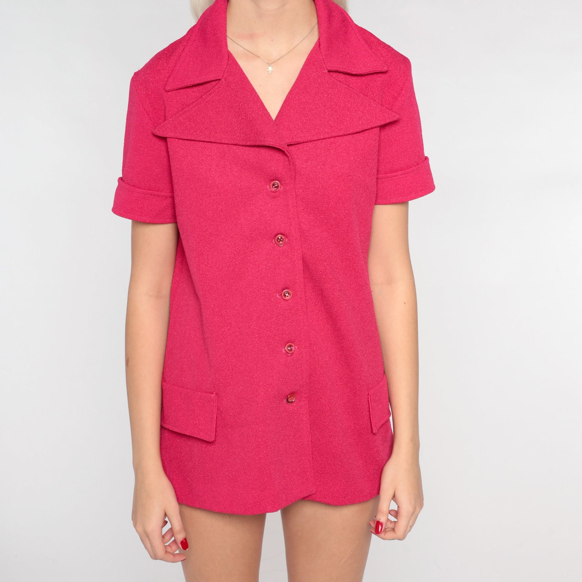 70s Fuchsia Pink Wing Collar Blouse Button-Up Short Sleeve Medium M