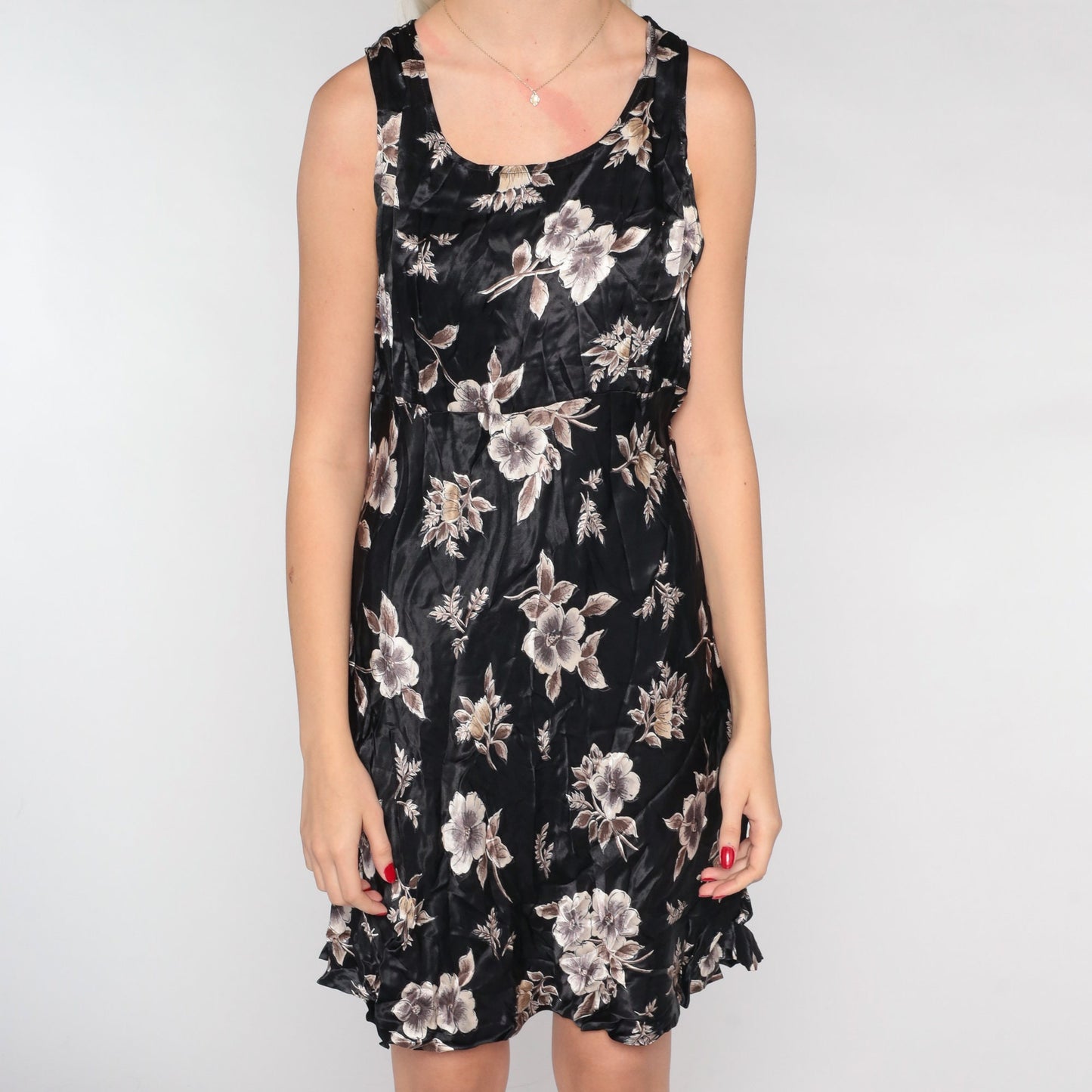 90s Black Floral Mini Dress Sleeveless Empire Waist Shiny Shift Medium