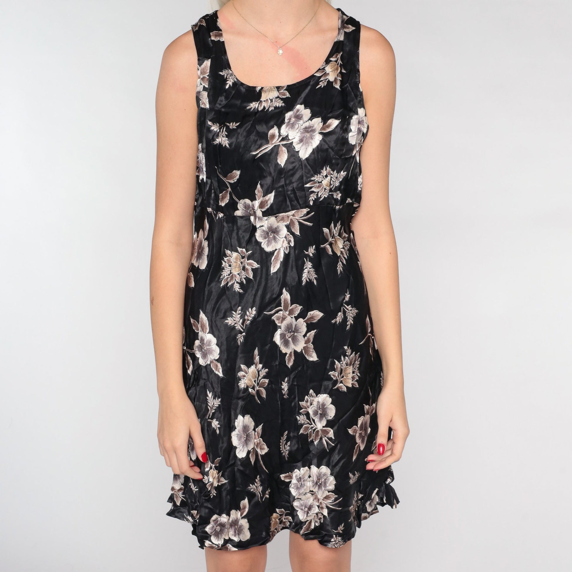 90s Black Floral Mini Dress Sleeveless Empire Waist Shiny Shift Medium
