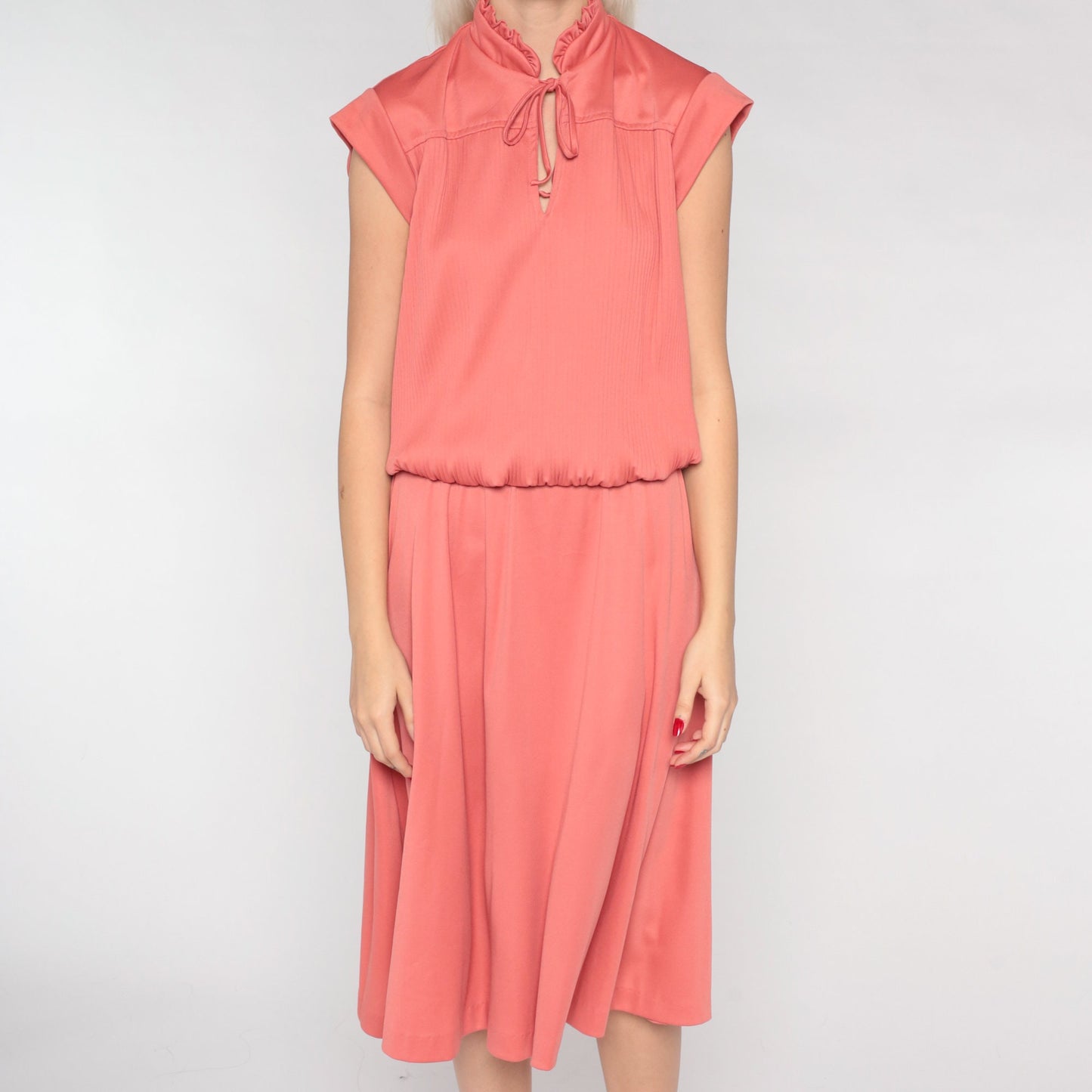 70s Terracotta Midi Dress Keyhole Cap Sleeve Blouson High Waist Medium Large