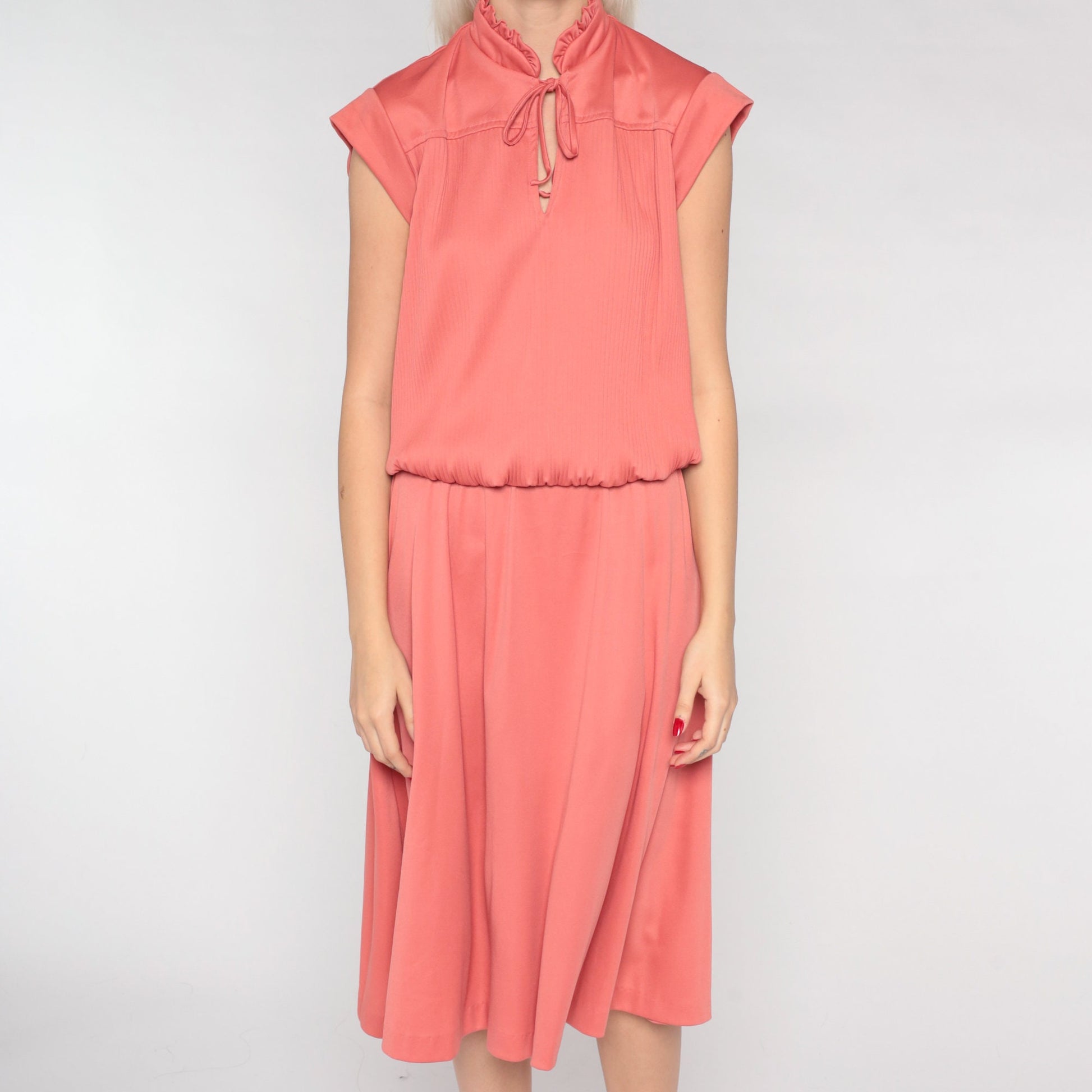 70s Terracotta Midi Dress Keyhole Cap Sleeve Blouson High Waist Medium Large