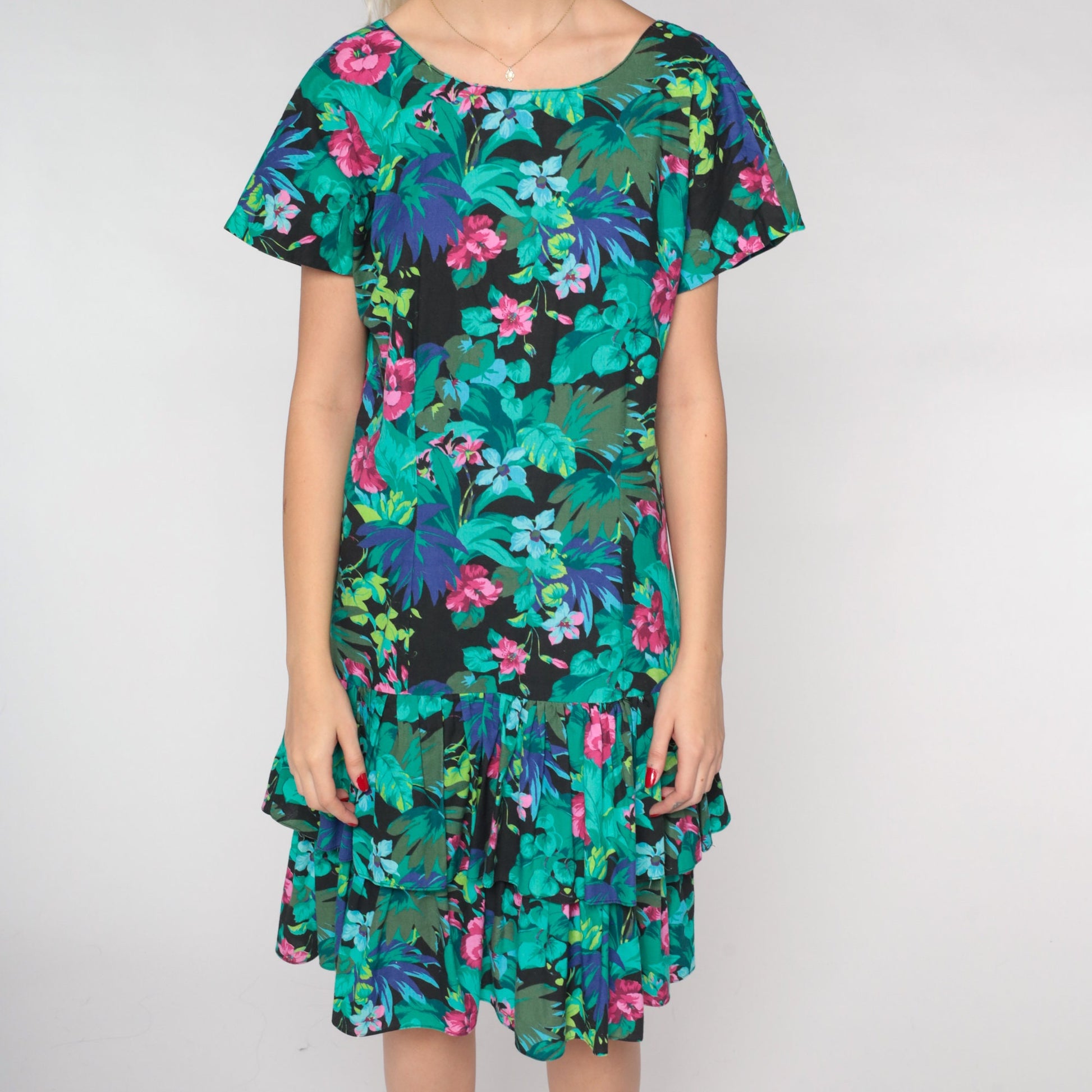 90s Tropical Floral Mini Dress Black Leaf Print Drop Waist Tiered Ruffle Medium