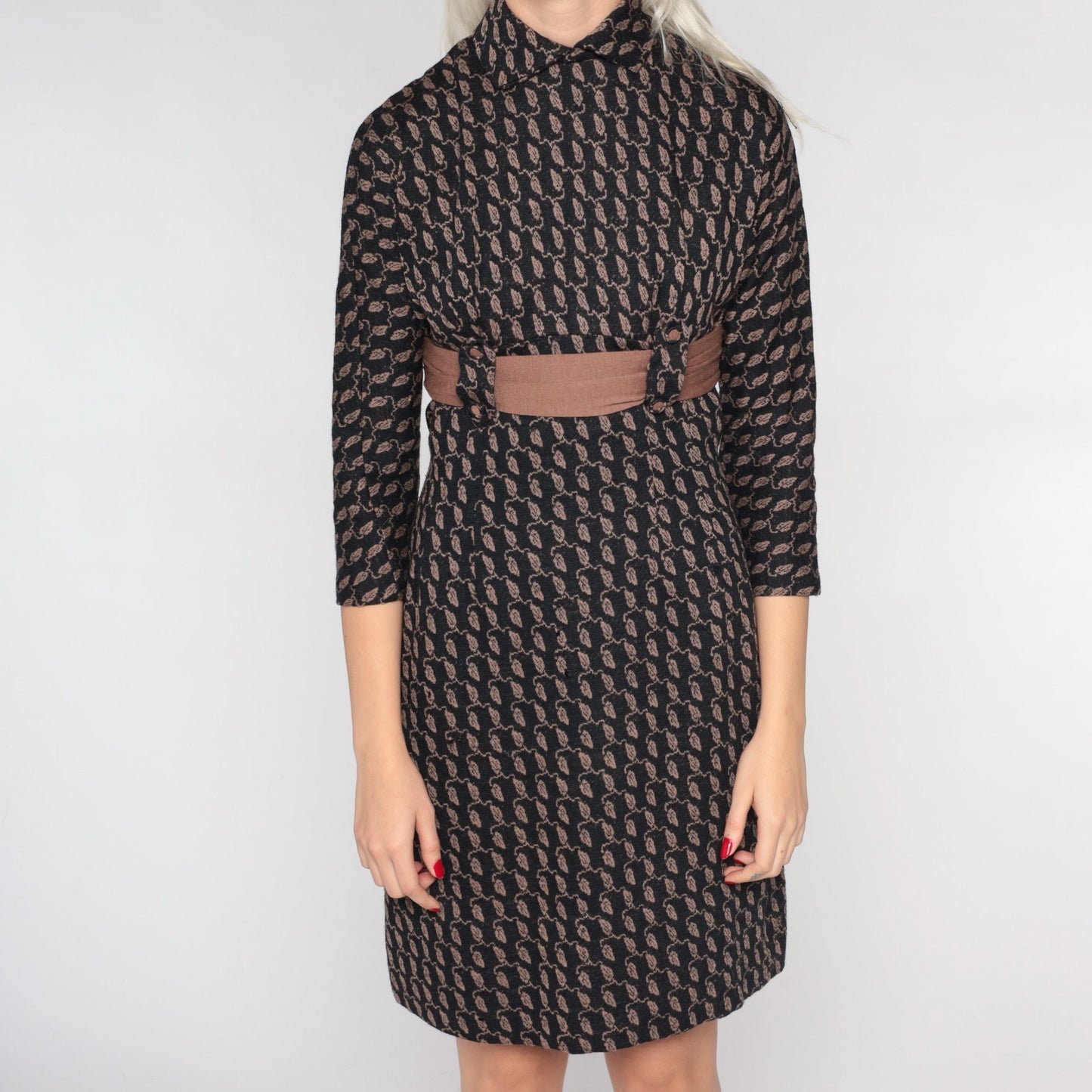 60s Wool Leaf Print Mini Shift Dress Empire Waist Mod Black Brown Extra Small XS