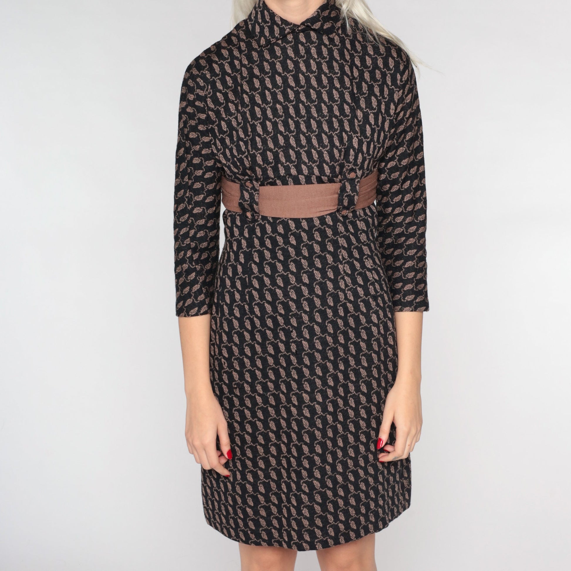 60s Wool Leaf Print Mini Shift Dress Empire Waist Mod Black Brown Extra Small XS