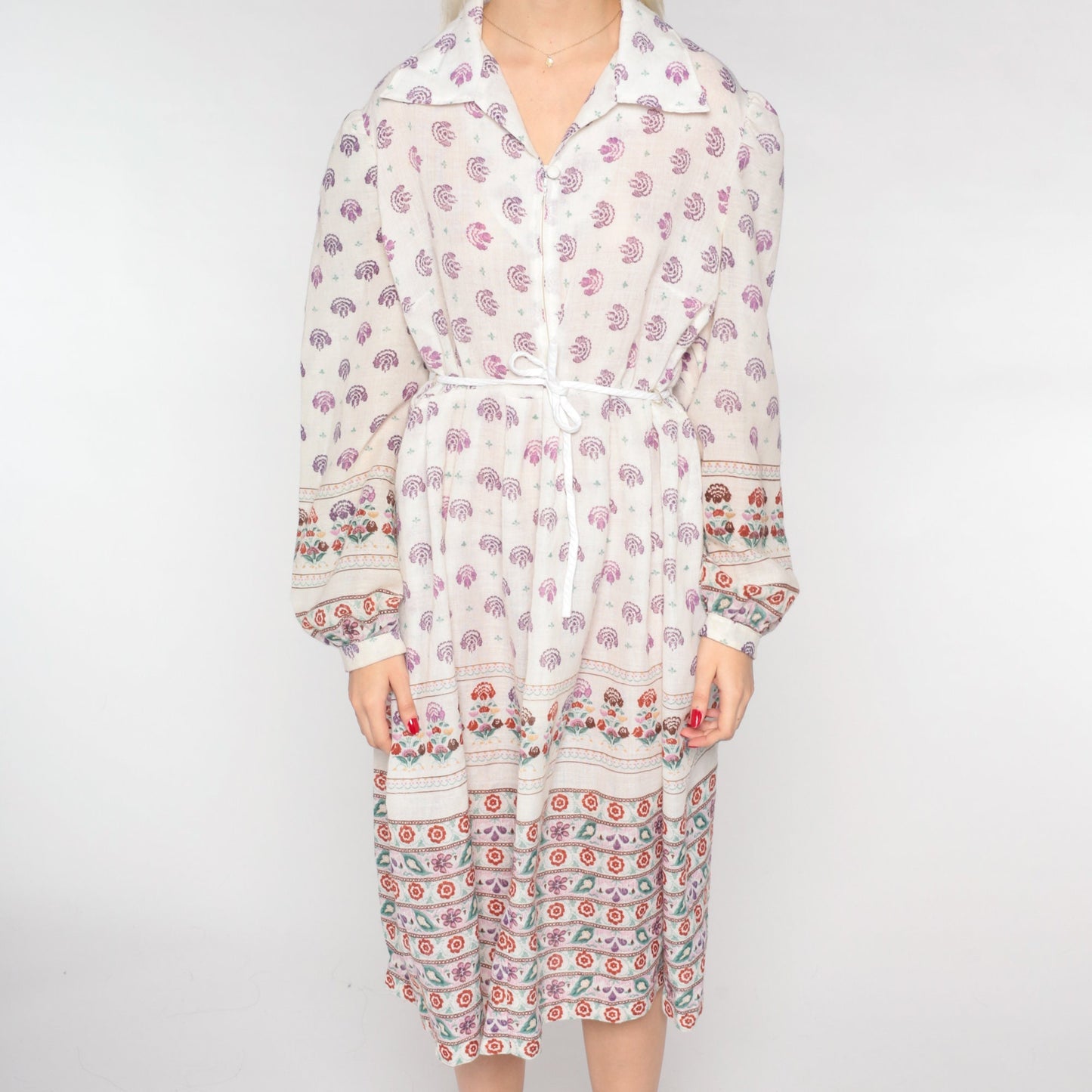 70s White Floral Midi Shirtdress Drawstring Waist Balloon Sleeve Collared Extra Large