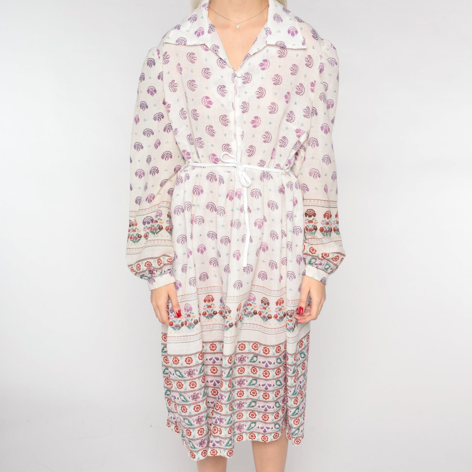 70s White Floral Midi Shirtdress Drawstring Waist Balloon Sleeve Collared Extra Large