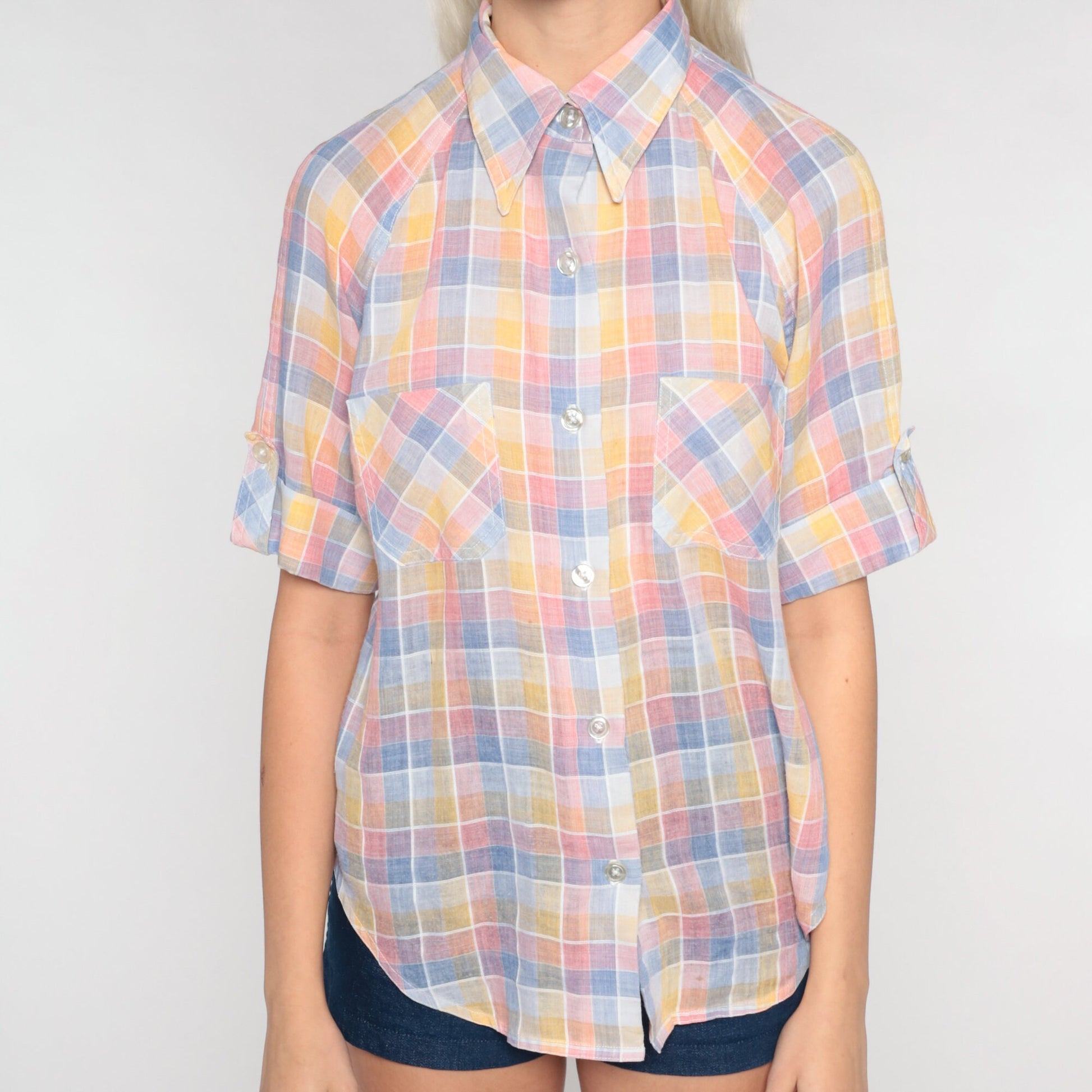 70s Checkered Button-Up Blouse Dagger Collar Short Sleeve Pink Yellow Blue Small