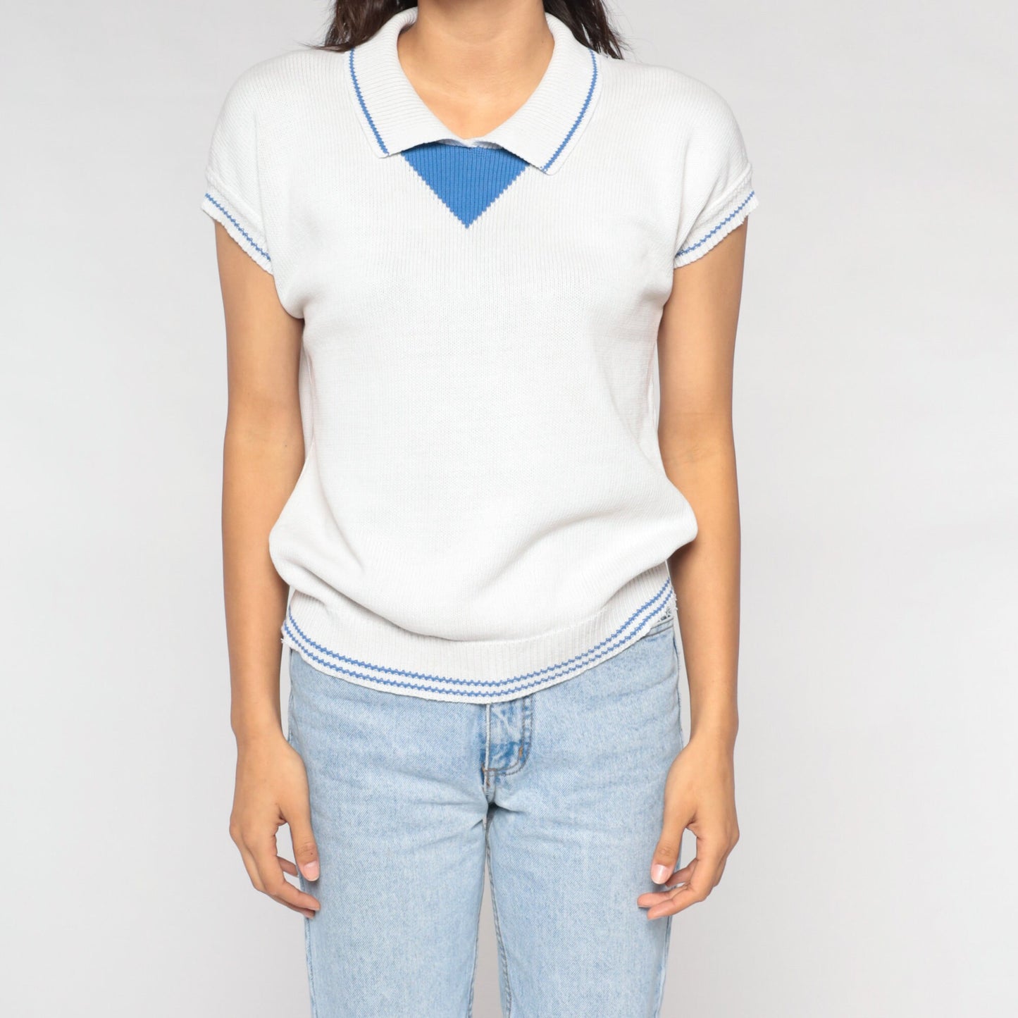 90s White Knit Polo Cap Sleeve Collared Sweater Top Blue Trim Small S