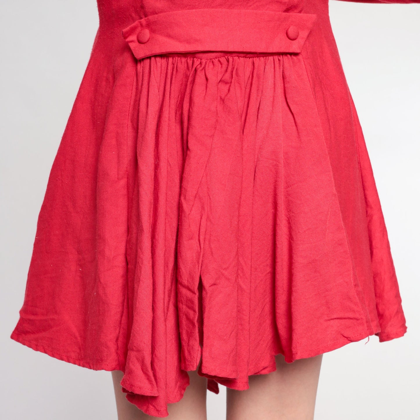 80s Red Rayon Twill Button-Up Mini Dress High-Low Hem Long Sleeve Medium