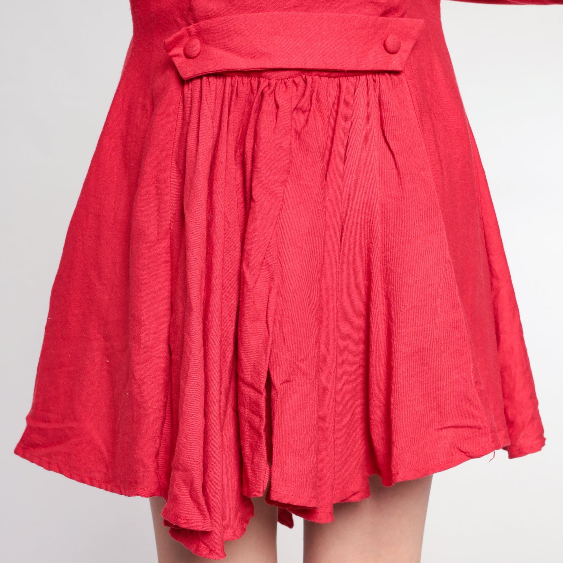 80s Red Rayon Twill Button-Up Mini Dress High-Low Hem Long Sleeve Medium