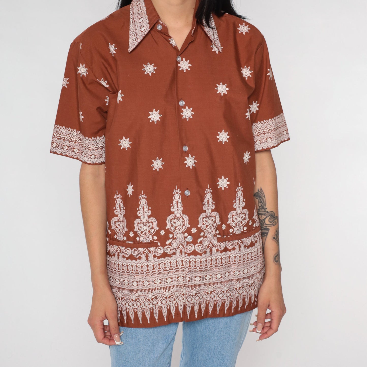 90s Batik Floral Button Up Shirt Brown White Geometric Print Medium