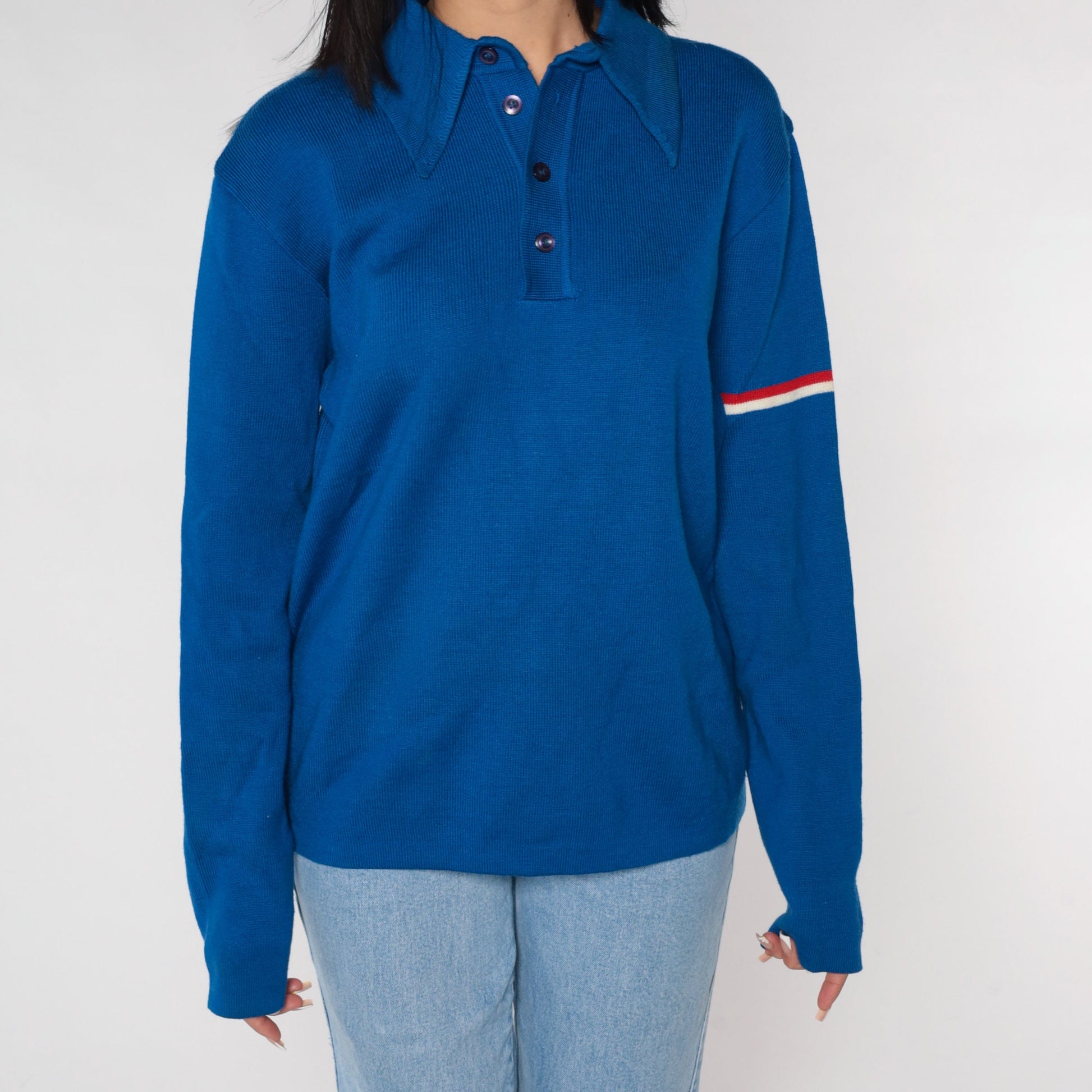70s Meister Blue Striped Knit Polo Sweater Collared Large L
