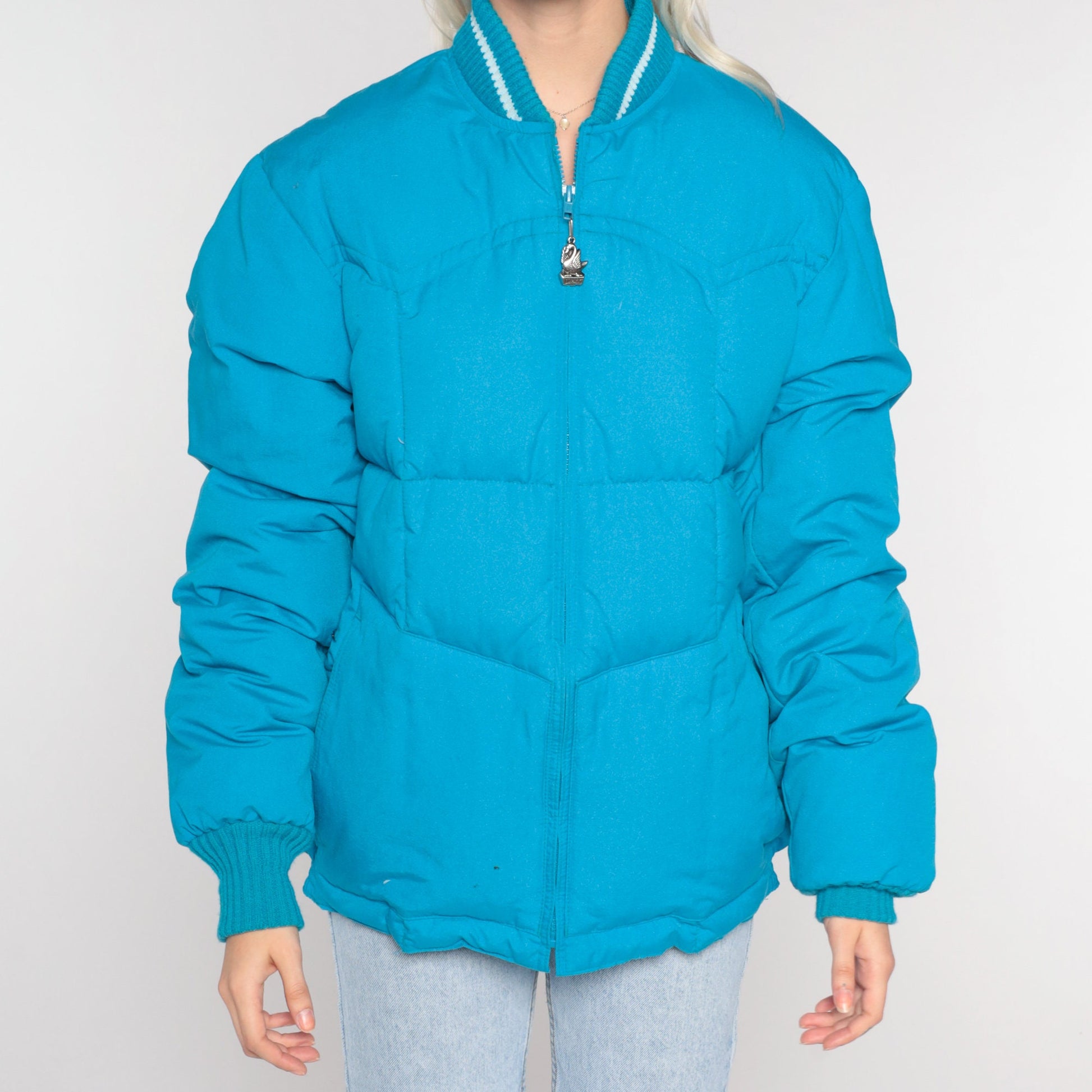 80s Blue Puffer Ski Jacket Nylon Down Fill Zip Front Medium