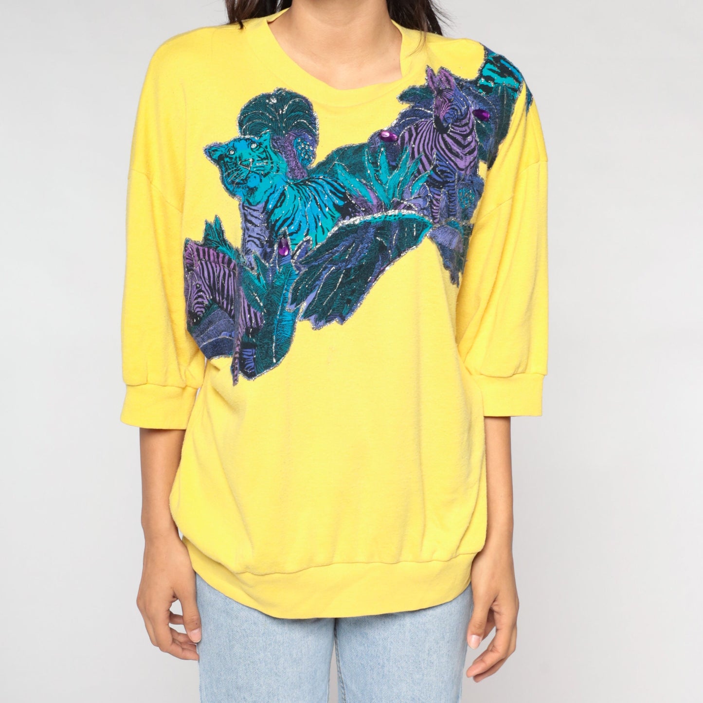 80s Wildlife Sweatshirt Yellow Glitter Tiger Zebra Palm Tree Applique Medium