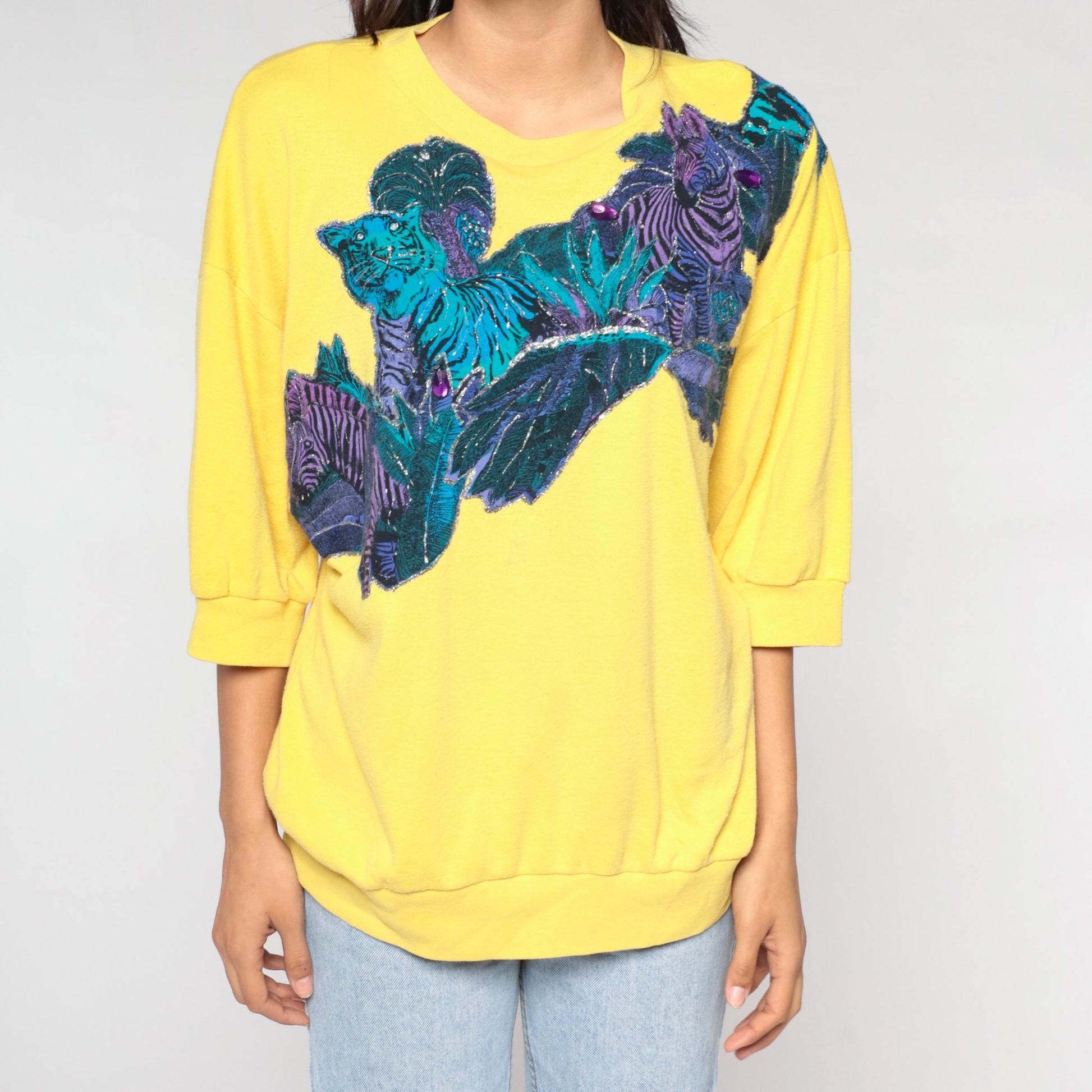 80s Wildlife Sweatshirt Yellow Glitter Tiger Zebra Palm Tree Applique Medium