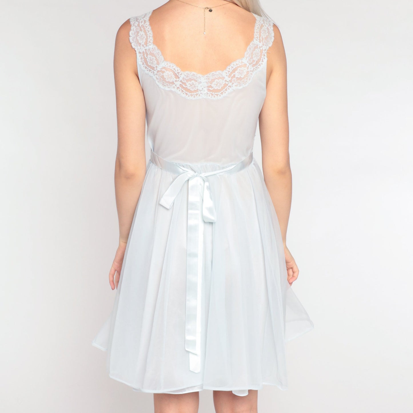 60s Vanity Fair Baby Blue Nylon Lace Nightgown Empire Waist Mini Extra Small