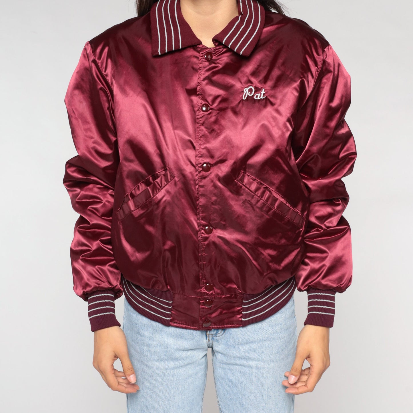 80s National Roofing Burgundy Nylon Bomber Jacket Embroidered Pat Small