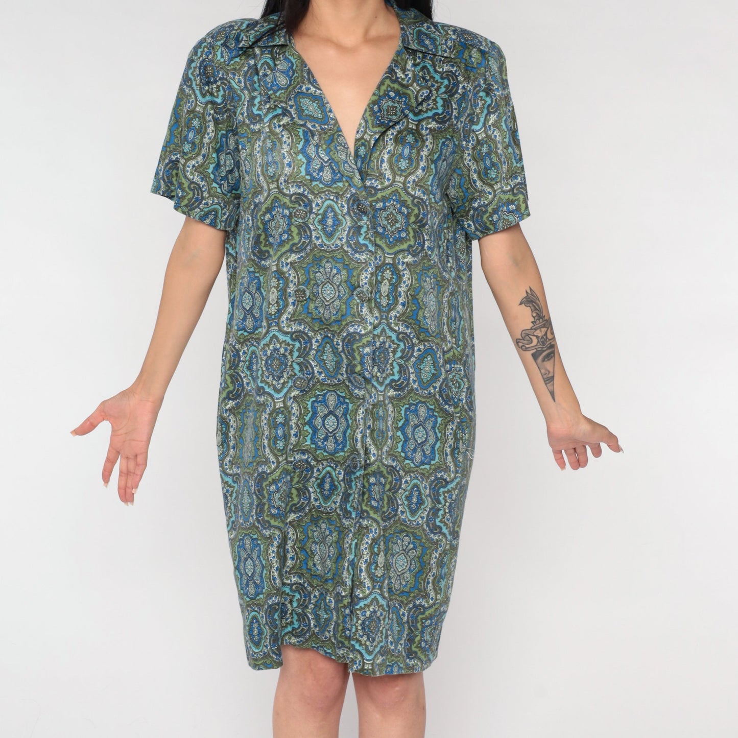 60s Geometric Floral Shirt Dress Mini Blue Green Double Breasted Large L