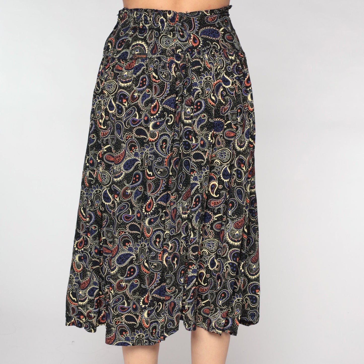 90s Black Paisley Midi Skirt High Waist Extra Small XS