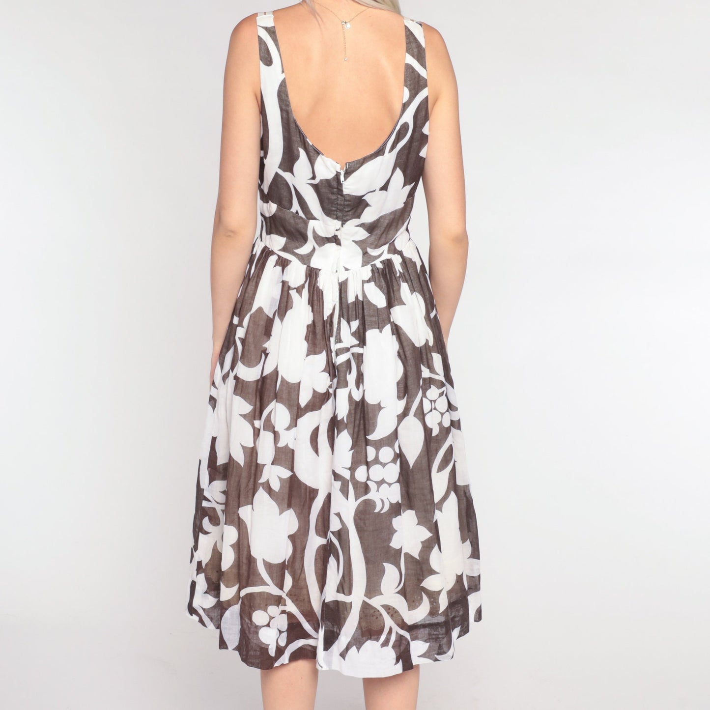 60s Floral Midi Dress Brown White Rhinestone Buttons High Waist Extra Small