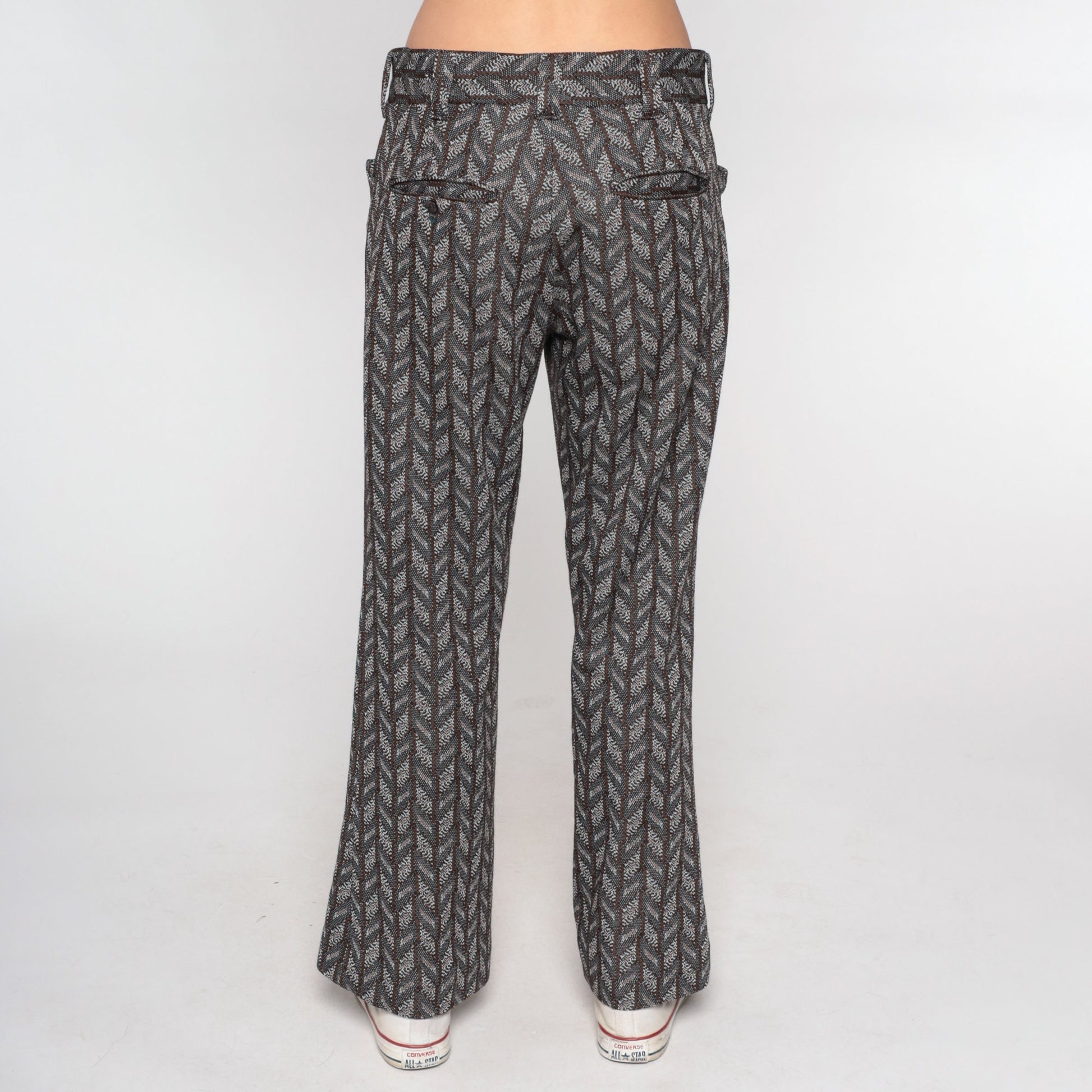 70s Chevron Flared Trousers High Waist Bell Bottoms Grey Medium