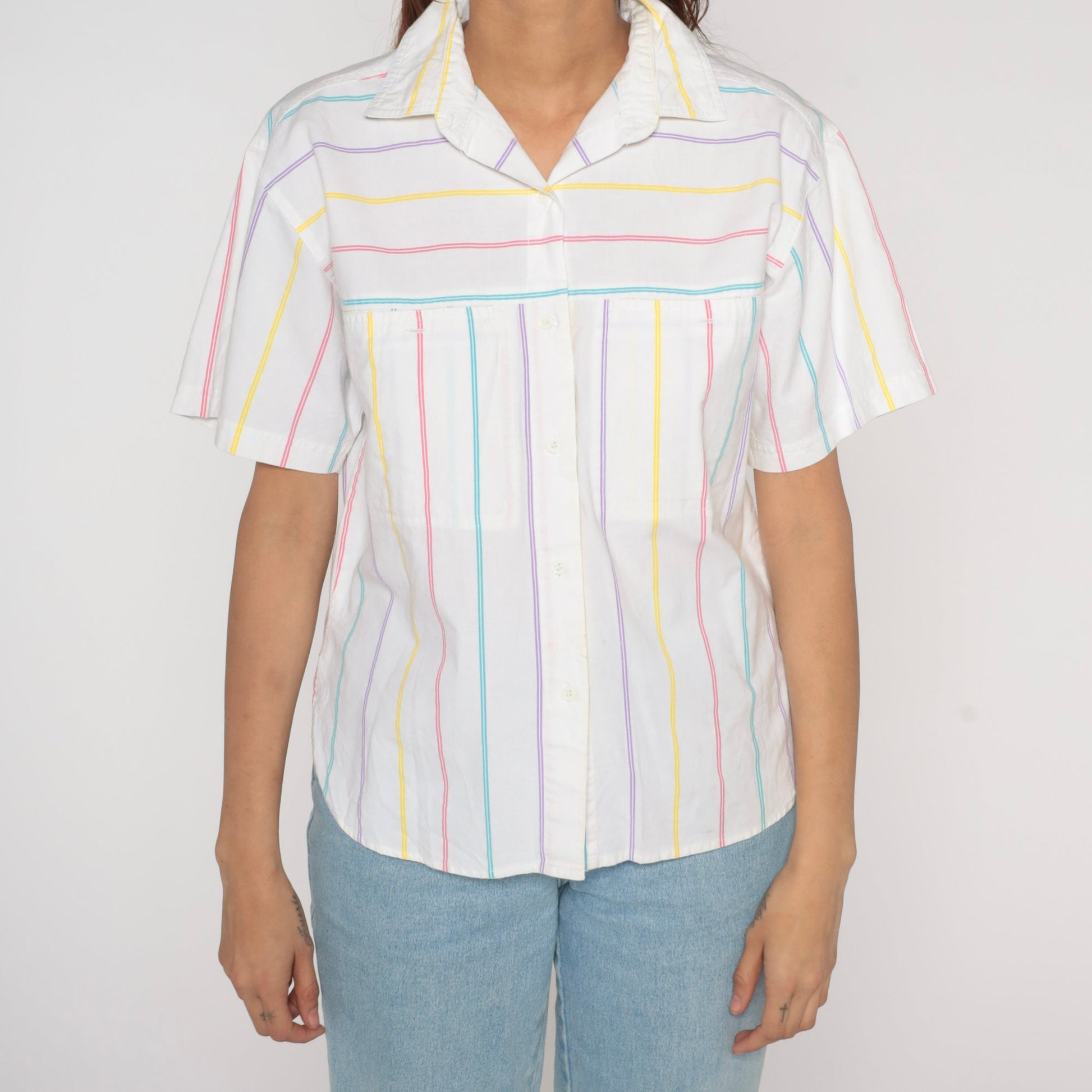 90s White Rainbow Striped Button-Up Blouse Short Sleeve Collared Cotton Medium