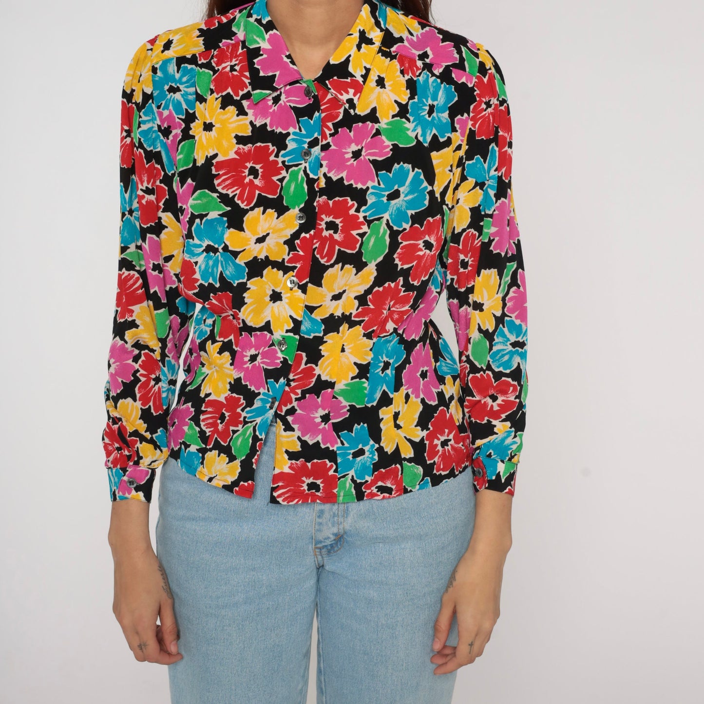 90s Liz Claiborne Floral Button Up Blouse Black Colorful Print Long Sleeve Small