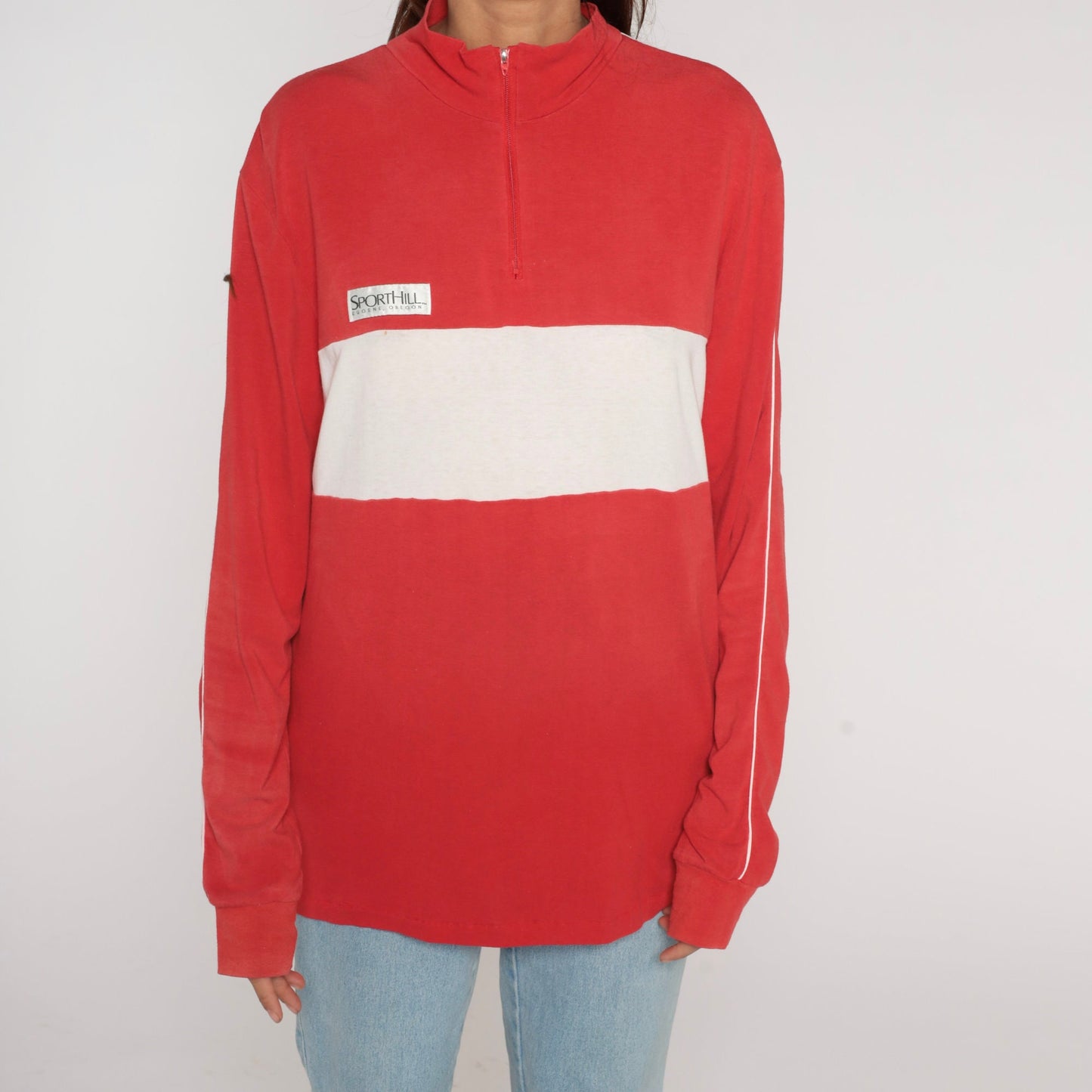 90s Sporthill Quarter Zip Long Sleeve Shirt Red White Stripe Large L