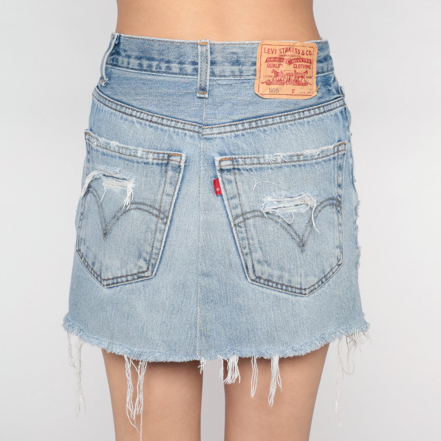 00s Levi's Distressed Denim Mini Skirt High Waist Raw Hem Blue Small