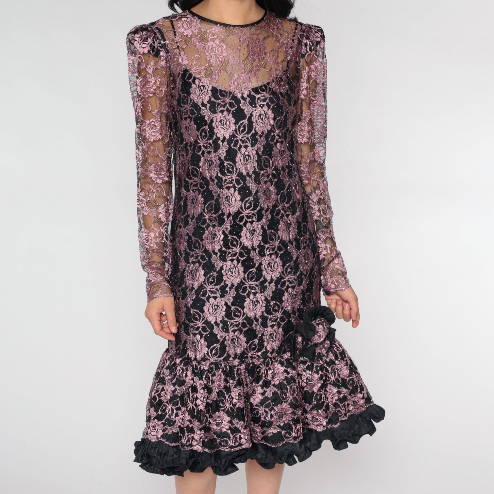 80s Cache Pink Lace Midi Dress Rhinestone Puff Sleeve Illusion Neckline Small