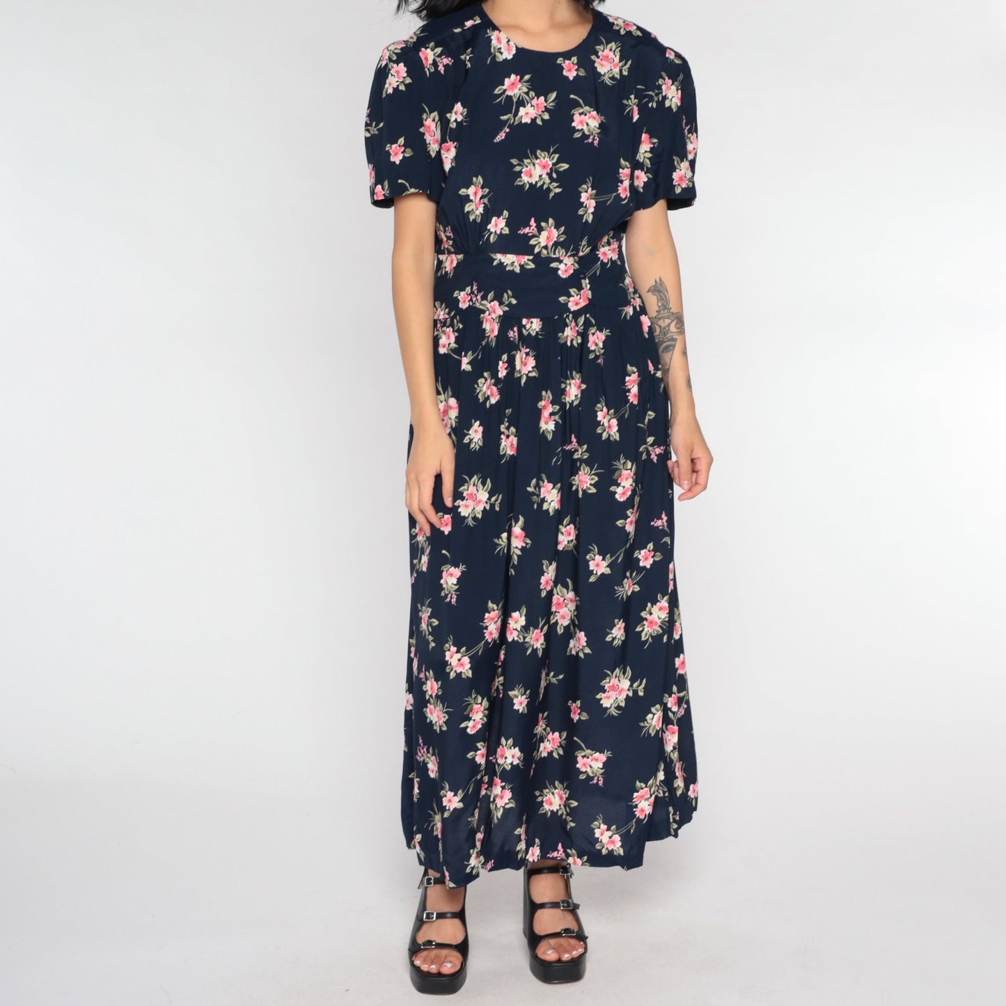 90s Navy Floral Maxi Dress Empire Waist Button Back Short Sleeve Small