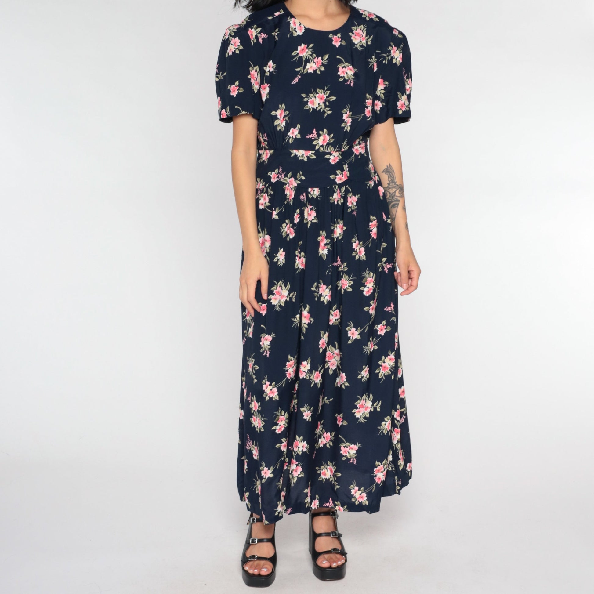 90s Navy Floral Maxi Dress Empire Waist Button Back Short Sleeve Small