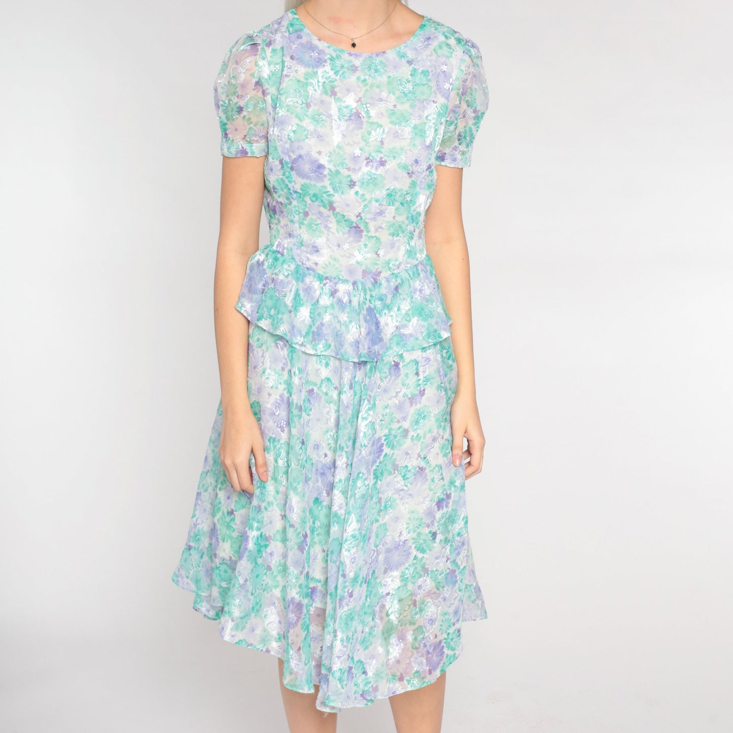 80s Floral Peplum Dress Puff Sleeve Knee-Length White Purple Green Small