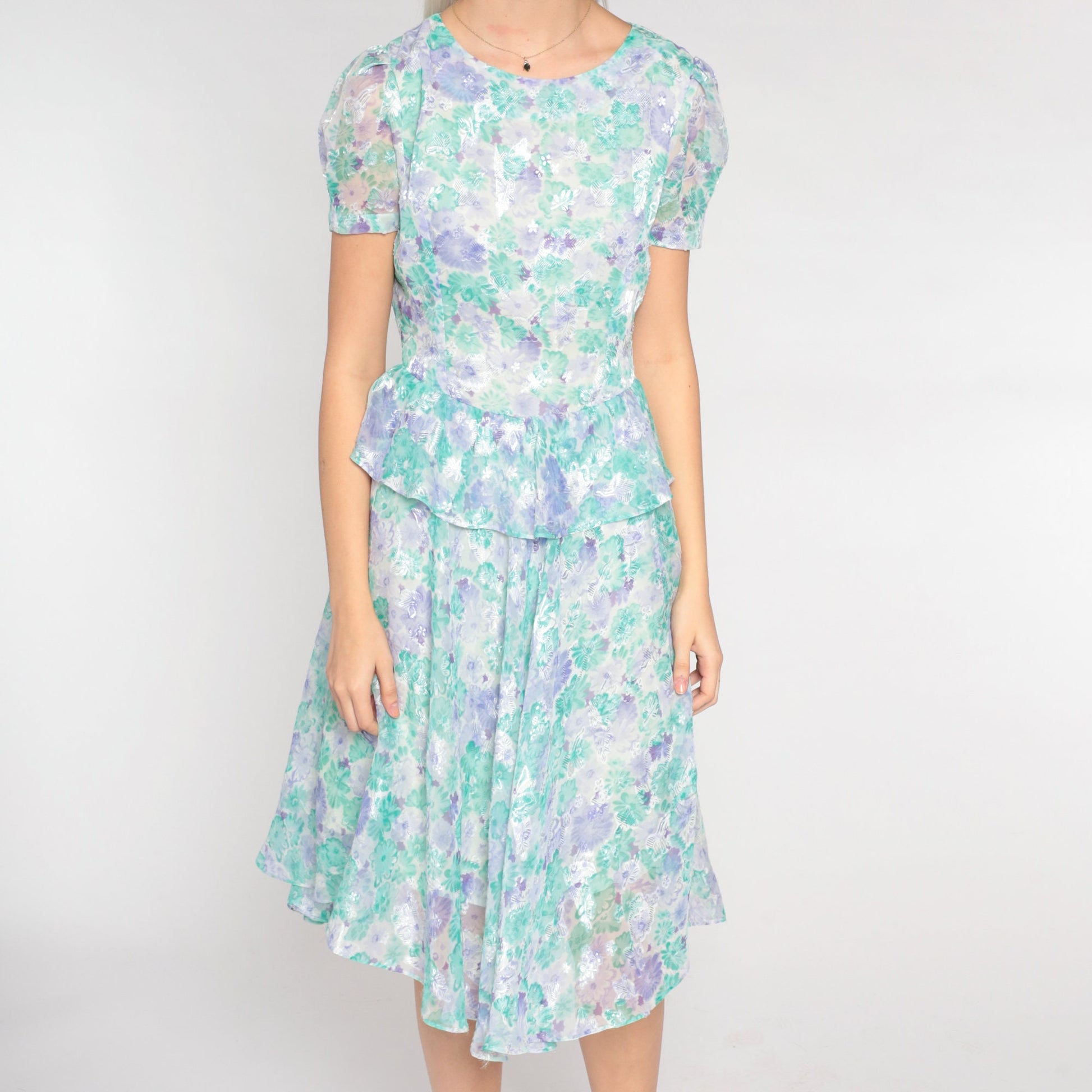 80s Floral Peplum Dress Puff Sleeve Knee-Length White Purple Green Small