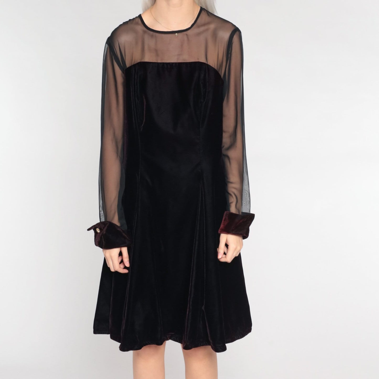 90s Black Velvet Mini Dress Illusion Neckline Long Sleeve Party Large