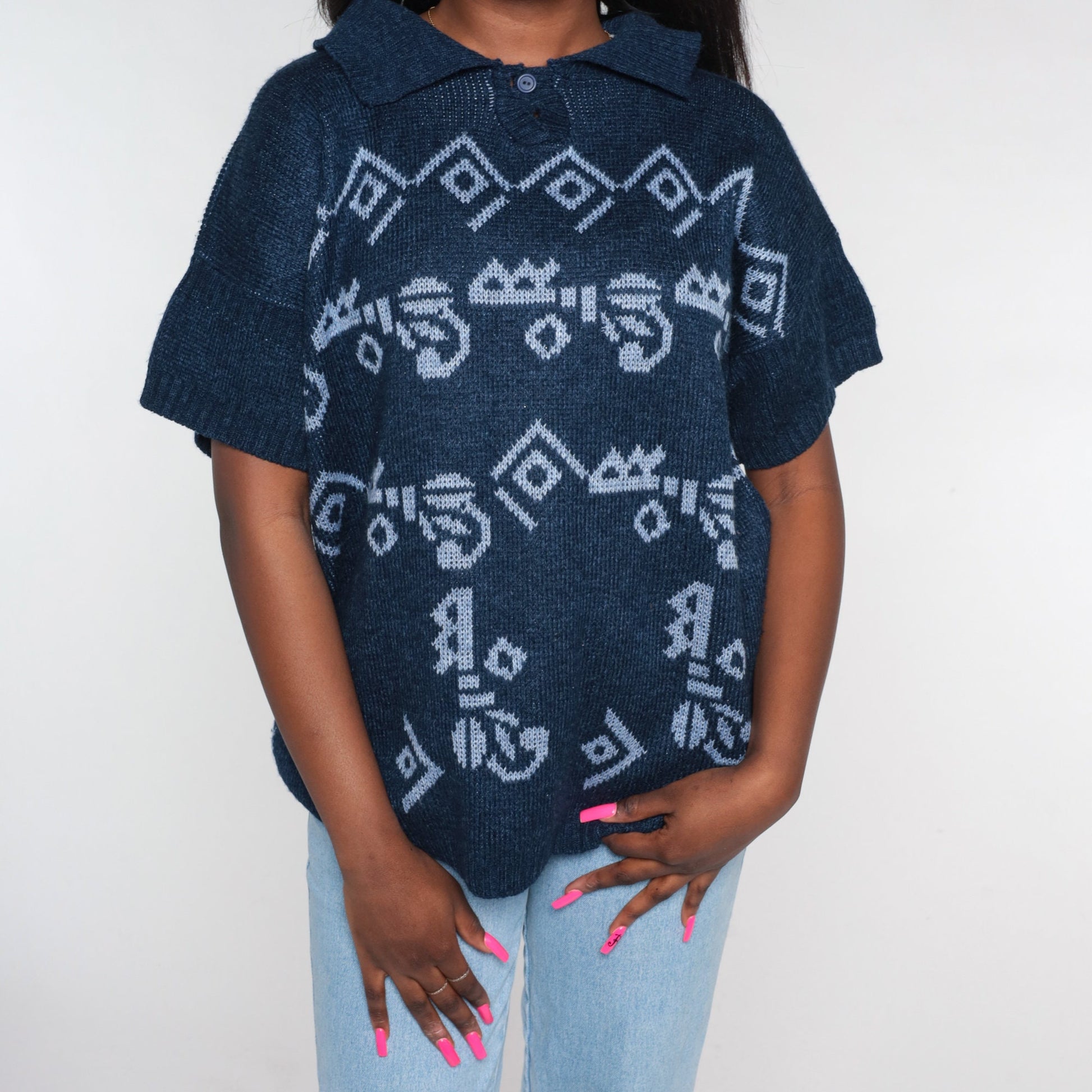 90s Navy Knit Polo Shirt Geometric Print Collared Short Sleeve Large