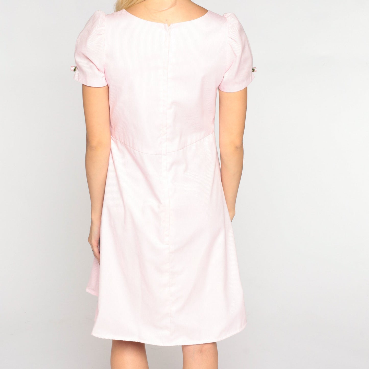 80s Baby Pink Mini Dress Empire Waist Puff Sleeve Rosette Extra Small