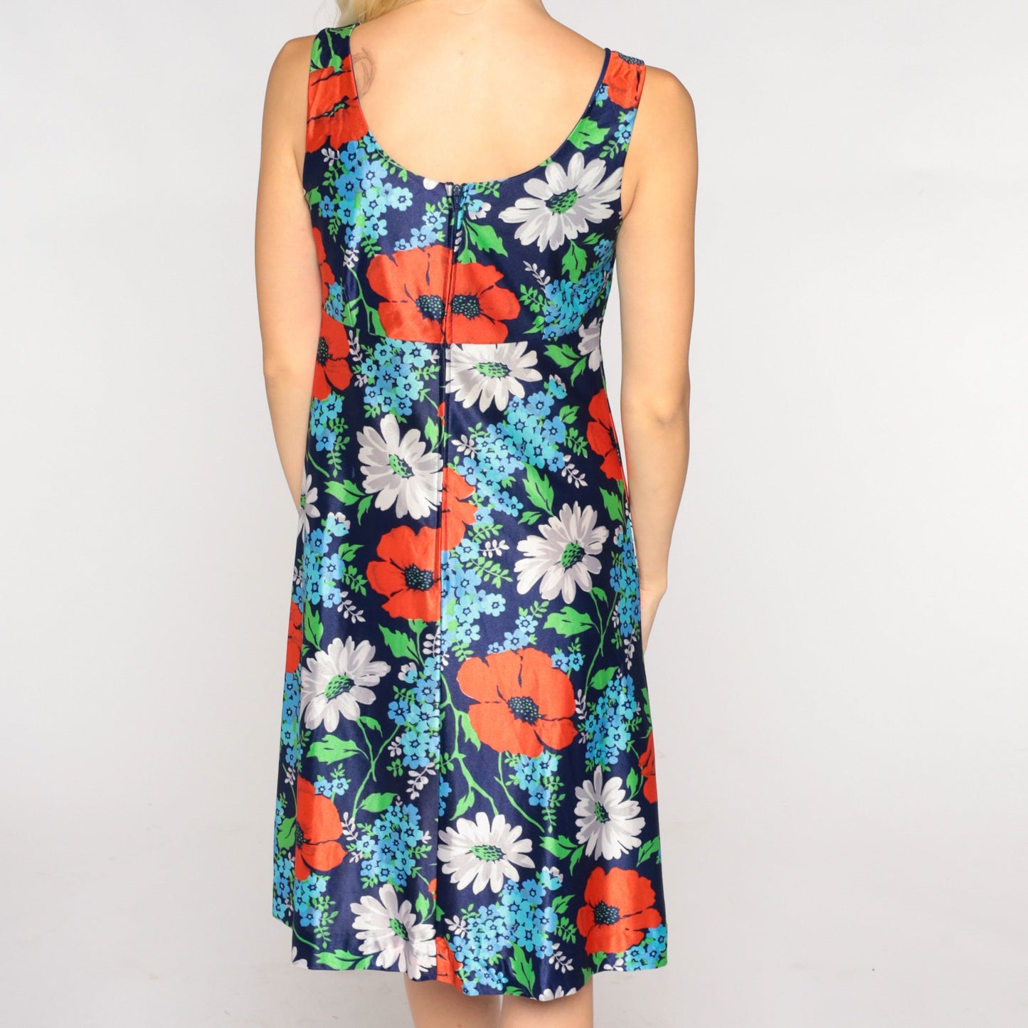 70s Navy Floral Babydoll Mini Dress Empire Waist Sleeveless Extra Small