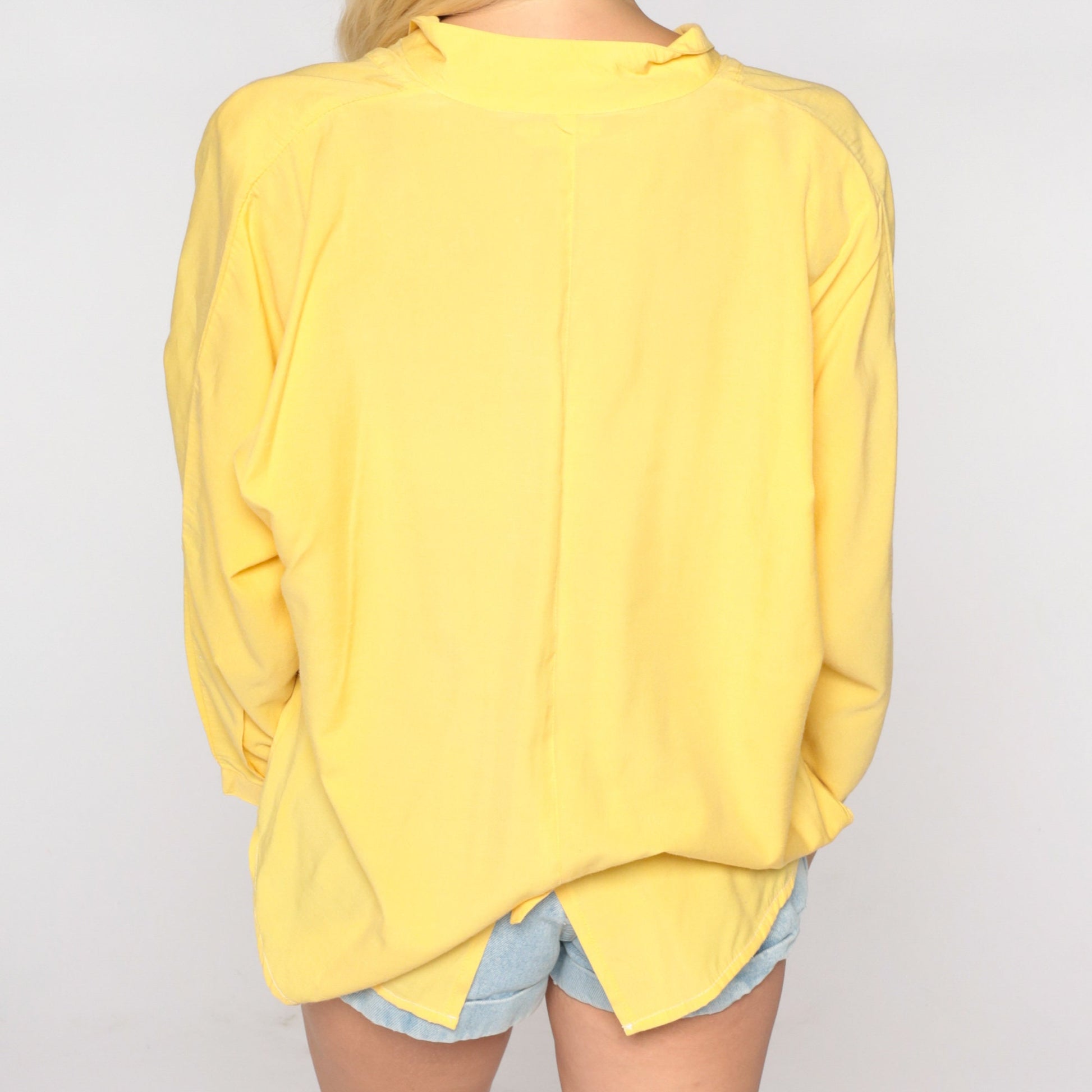 90s Yellow Button-Up Blouse Long Sleeve Collared Shirt Large L