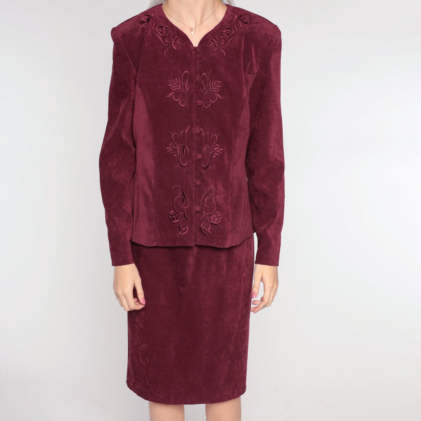 90s Karin Stevens Burgundy Floral Embroidered Midi Dress Long Sleeve Medium