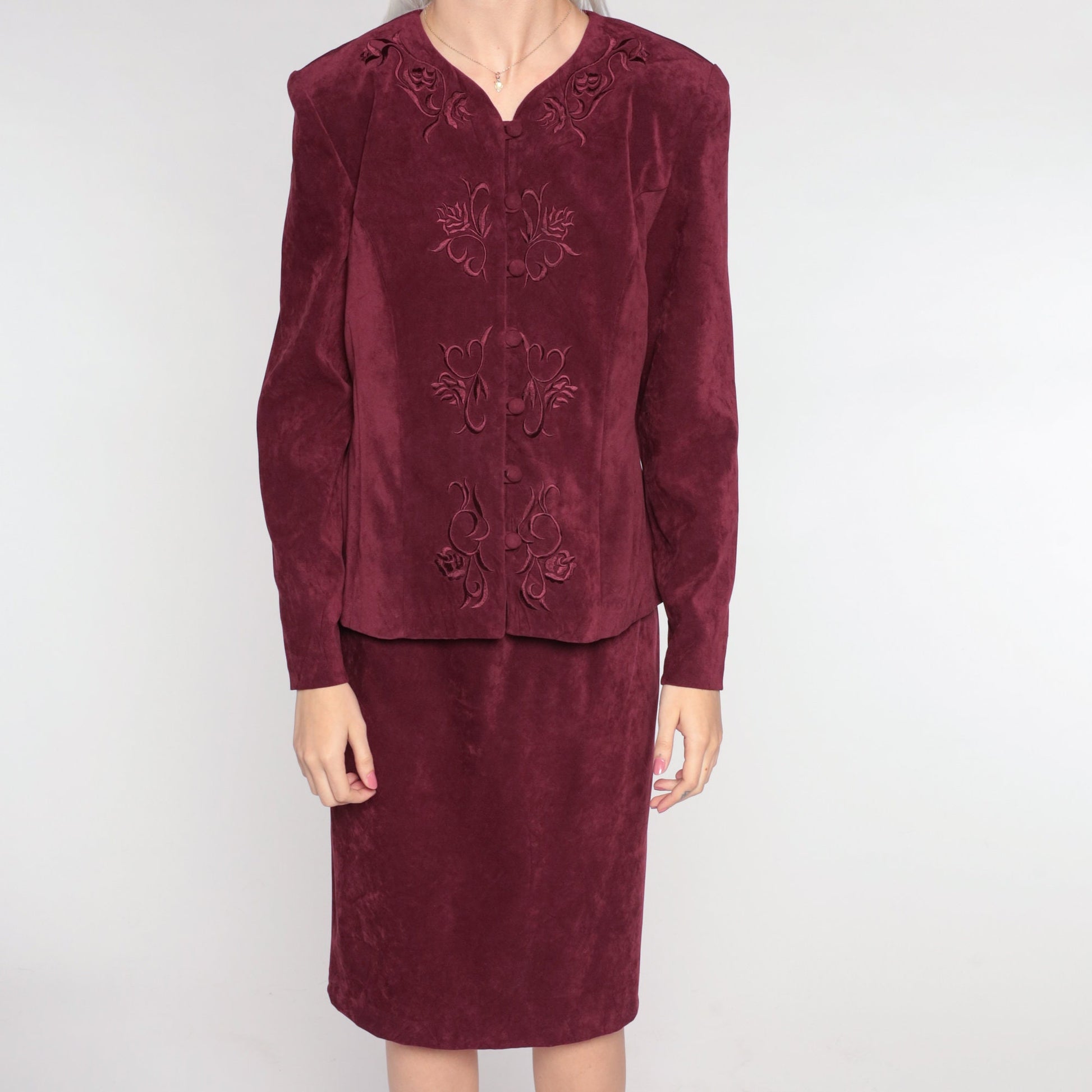 90s Karin Stevens Burgundy Floral Embroidered Midi Dress Long Sleeve Medium